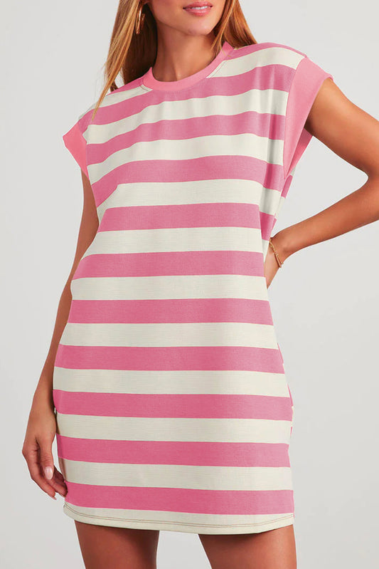 Pink Stripe Cap Sleeve Shift T Shirt Dress-TOPS / DRESSES-[Adult]-[Female]-Pink Stripe-S-2022 Online Blue Zone Planet