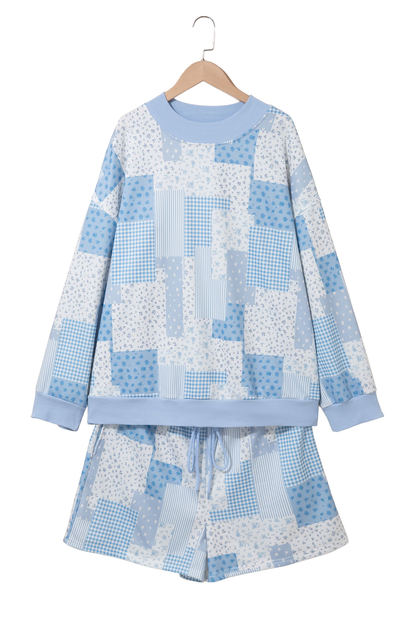 Sky Blue Patchwork Floral Print Stand Neck Long Sleeve Two-piece Outfit Plus Size Set-Plus Size/Plus Size Loungewear-[Adult]-[Female]-2022 Online Blue Zone Planet