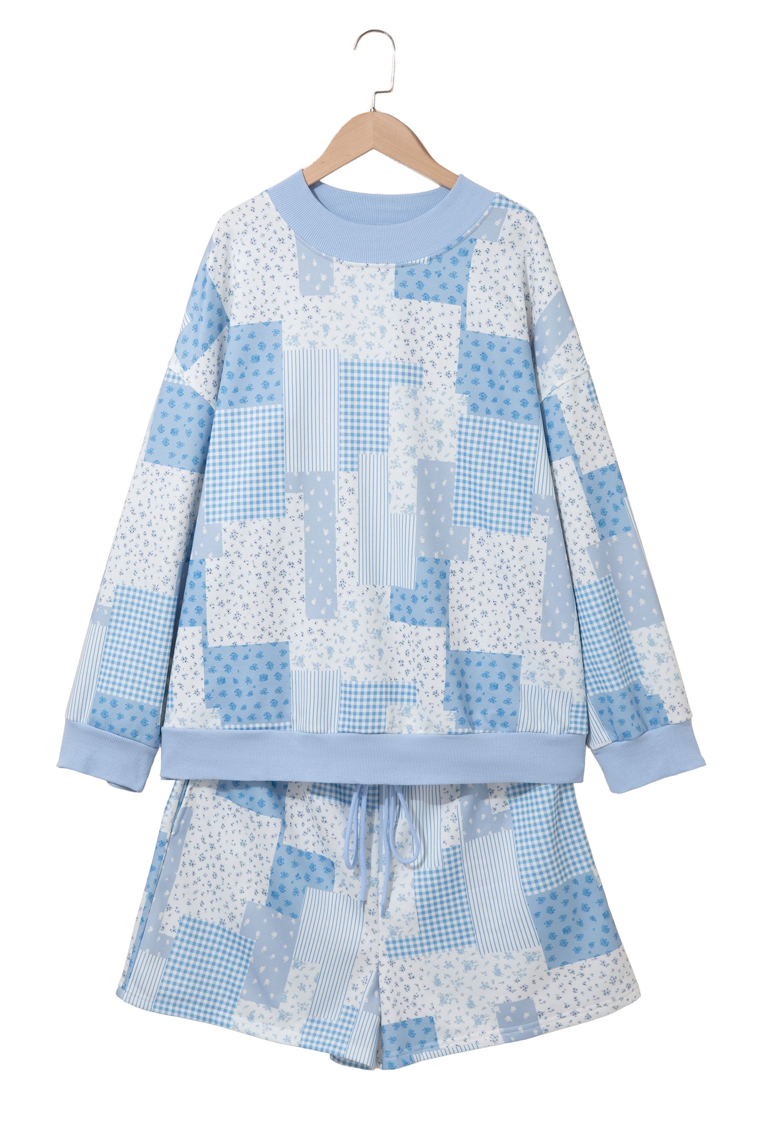 Sky Blue Patchwork Floral Print Stand Neck Long Sleeve Two-piece Outfit Plus Size Set-Plus Size/Plus Size Loungewear-[Adult]-[Female]-2022 Online Blue Zone Planet