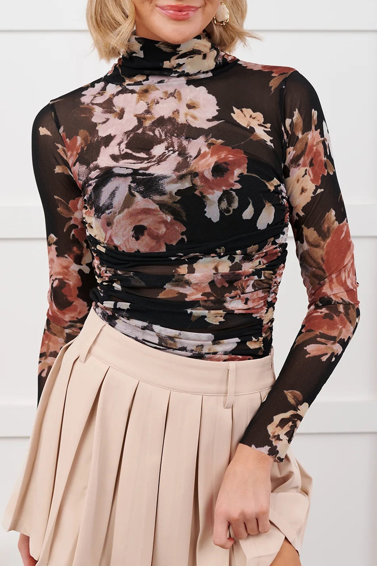 Brown Floral Mesh Long Sleeve High Neck Bodysuit-Tops/Bodysuits-[Adult]-[Female]-2022 Online Blue Zone Planet