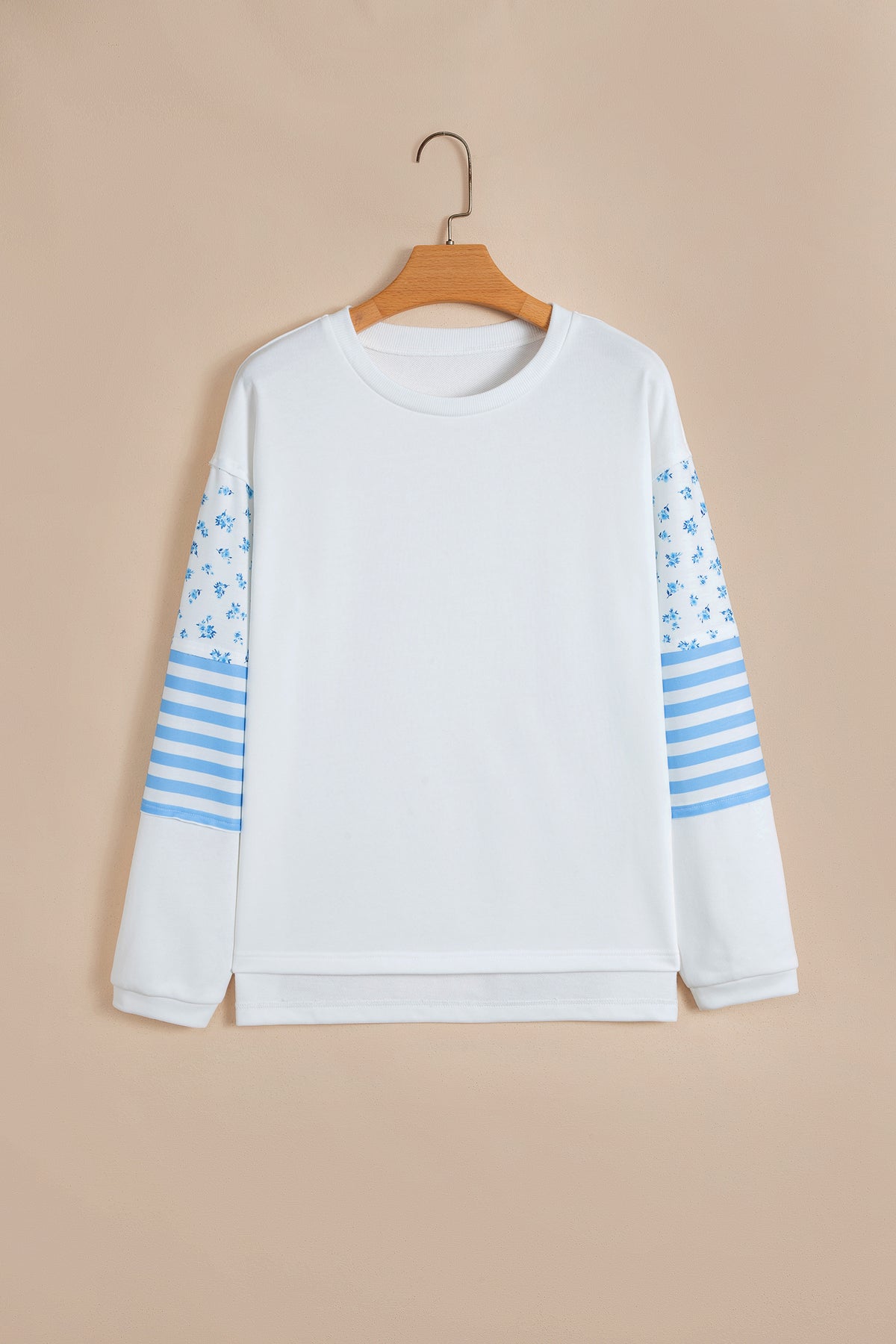 Beige Floral Striped Long Sleeve Contrasted Pullover Top-Tops/Long Sleeve Tops-[Adult]-[Female]-2022 Online Blue Zone Planet