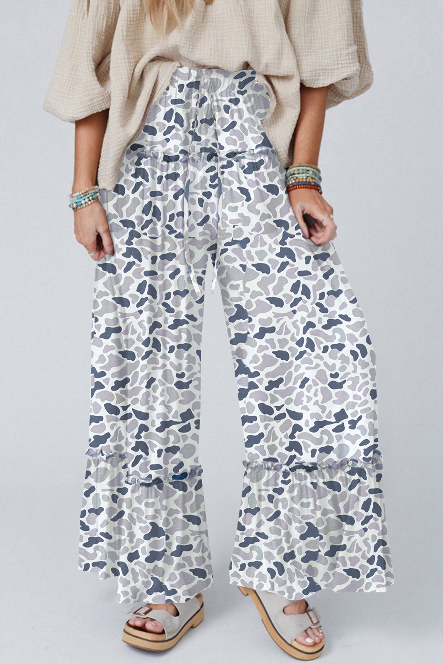 Beige Camo Print Wide Leg Casual Pants-Bottoms/Pants & Culotte-[Adult]-[Female]-Beige-S-2022 Online Blue Zone Planet
