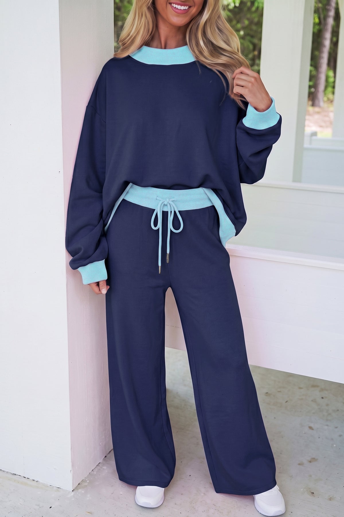 Light Pink Color Block Trim Long Sleeve Pullover Drawstring Shift Pants Set-Two Piece Sets/Pant Sets-[Adult]-[Female]-2022 Online Blue Zone Planet