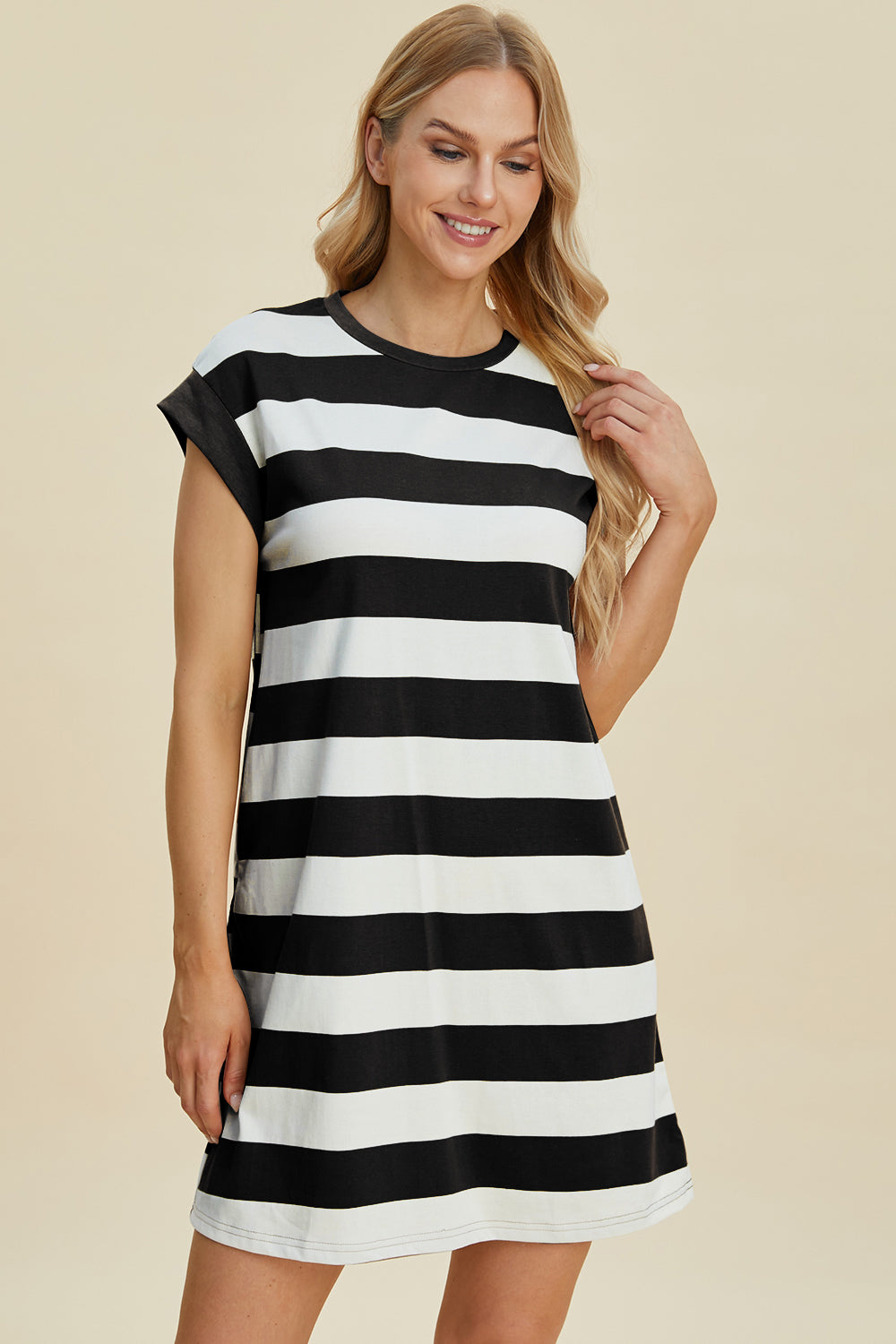 Basic Bae Full Size Striped Round Neck Cap Sleeve Mini Dress-TOPS / DRESSES-[Adult]-[Female]-2022 Online Blue Zone Planet