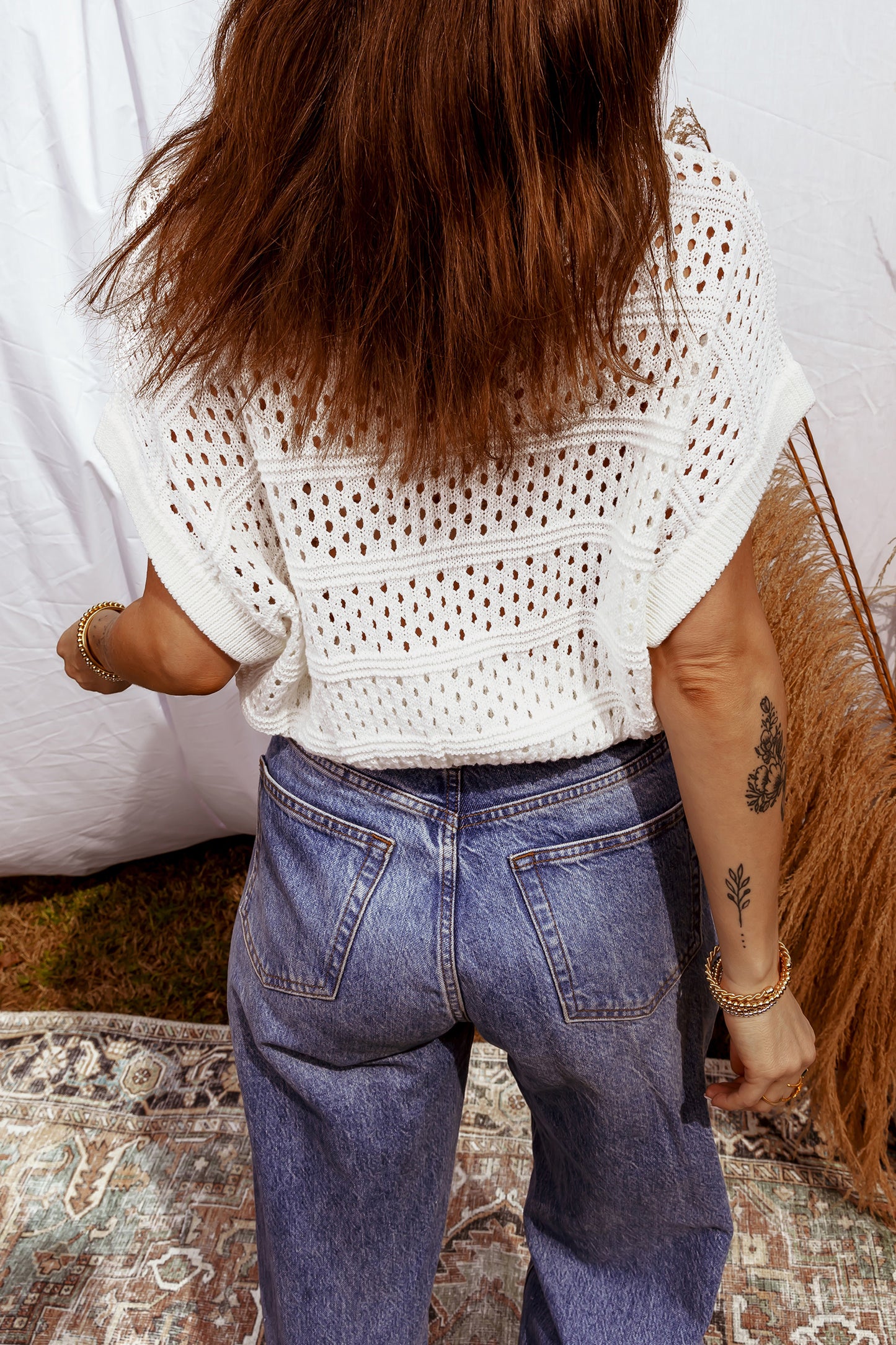 White Hollow Out Knit Round Neck Dolman Sweater-TOPS / DRESSES-[Adult]-[Female]-2022 Online Blue Zone Planet