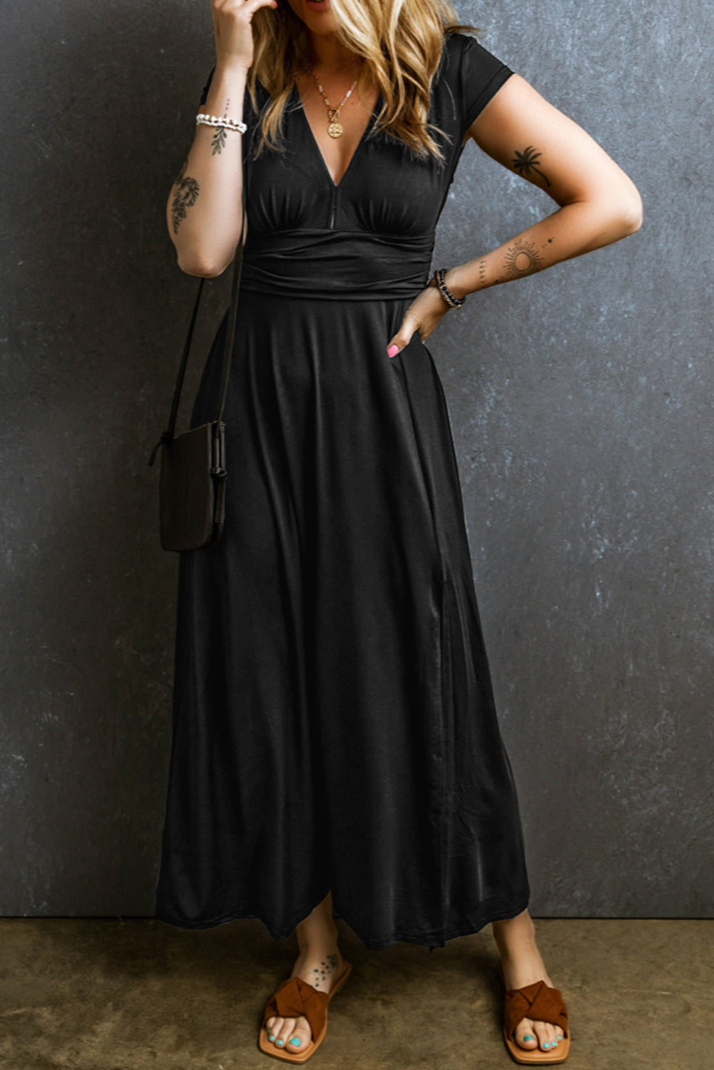 Blue Zone Planet | Black Short Sleeve Shirred High Waist V Neck Maxi Dress-TOPS / DRESSES-[Adult]-[Female]-Black-S-2022 Online Blue Zone Planet