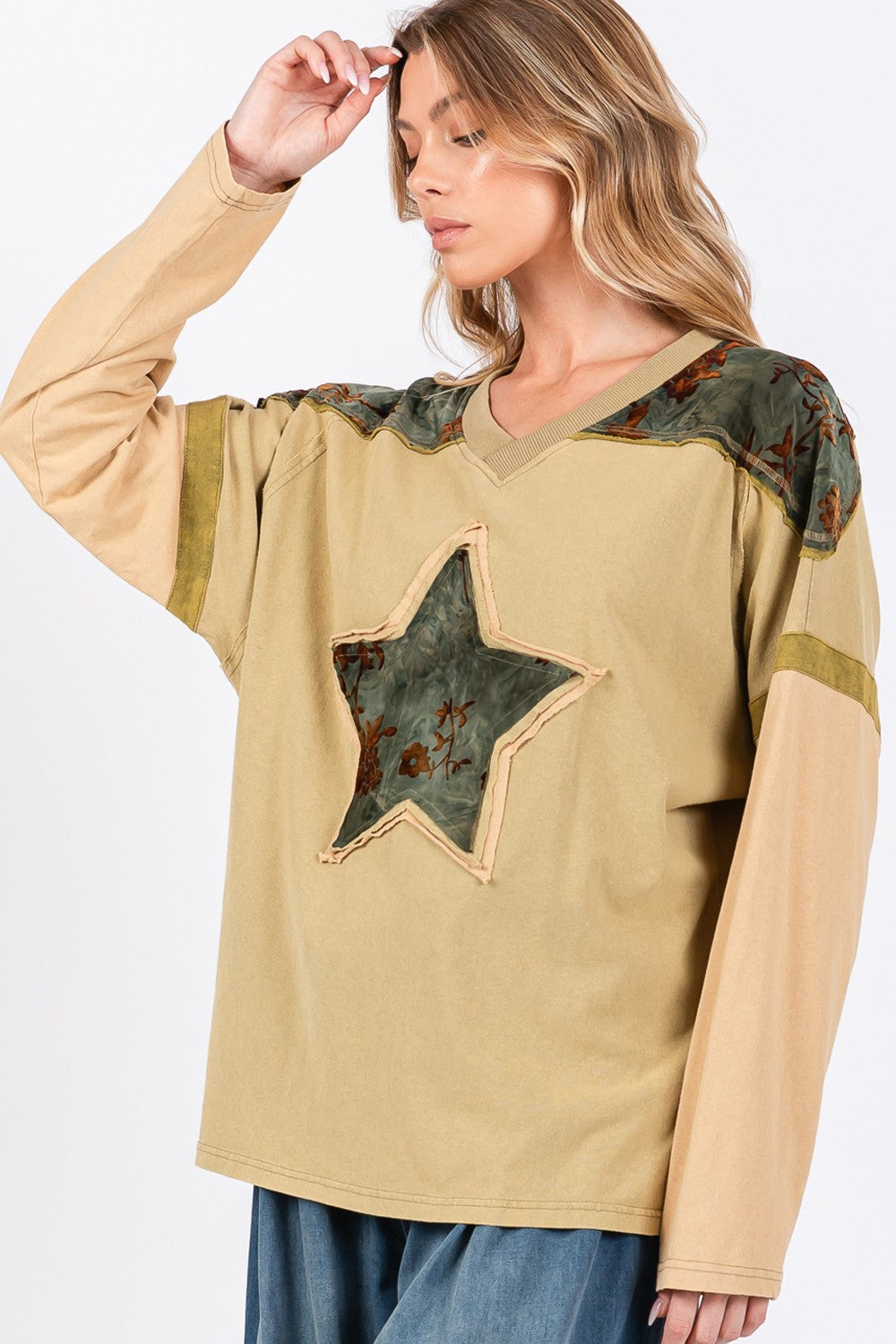 Blue Zone Planet | SAGE + FIG Star Patch Long Sleeve Color Block T-Shirt-TOPS / DRESSES-[Adult]-[Female]-2022 Online Blue Zone Planet