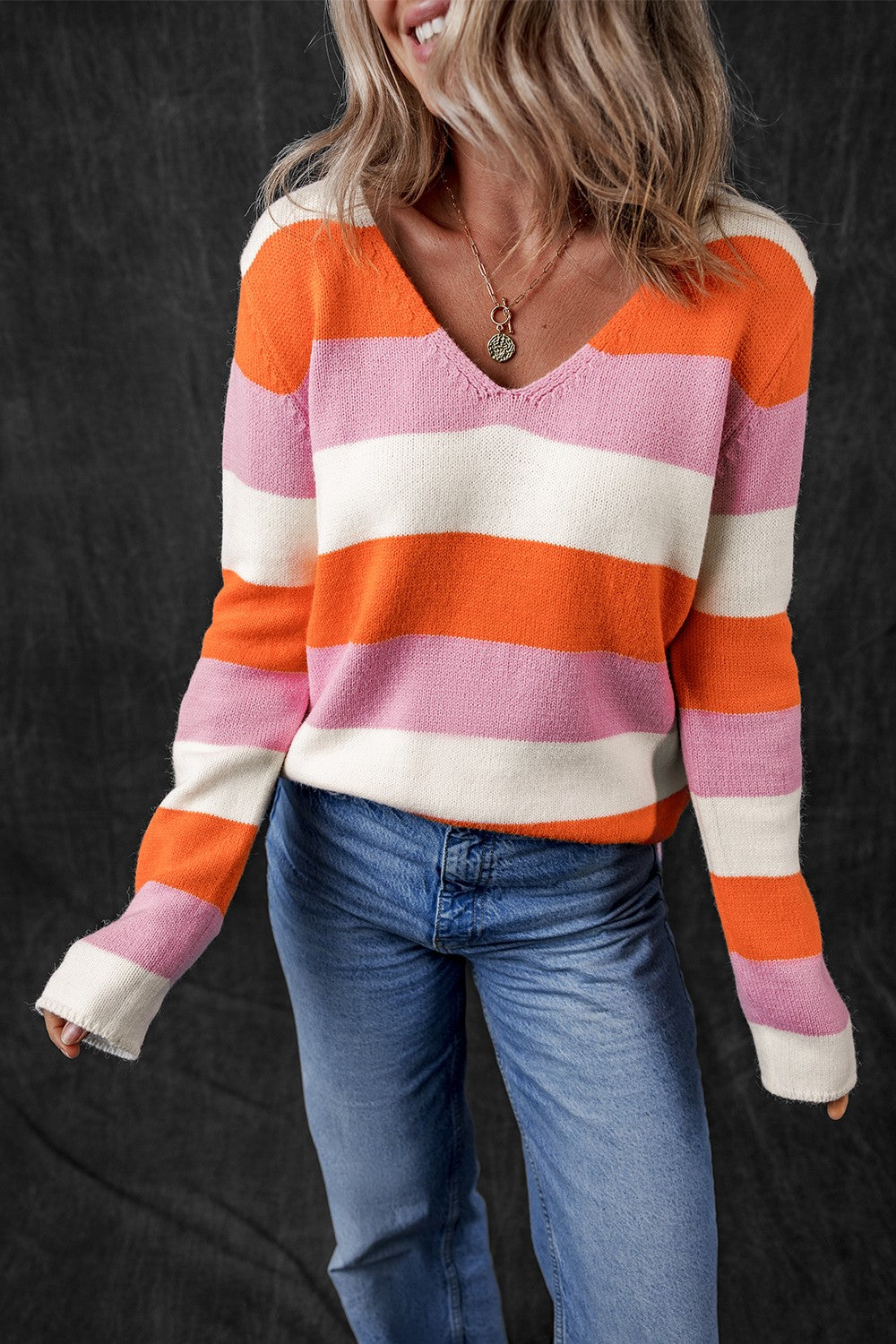 Color Block V-Neck Long Sleeve Sweater-TOPS / DRESSES-[Adult]-[Female]-2022 Online Blue Zone Planet