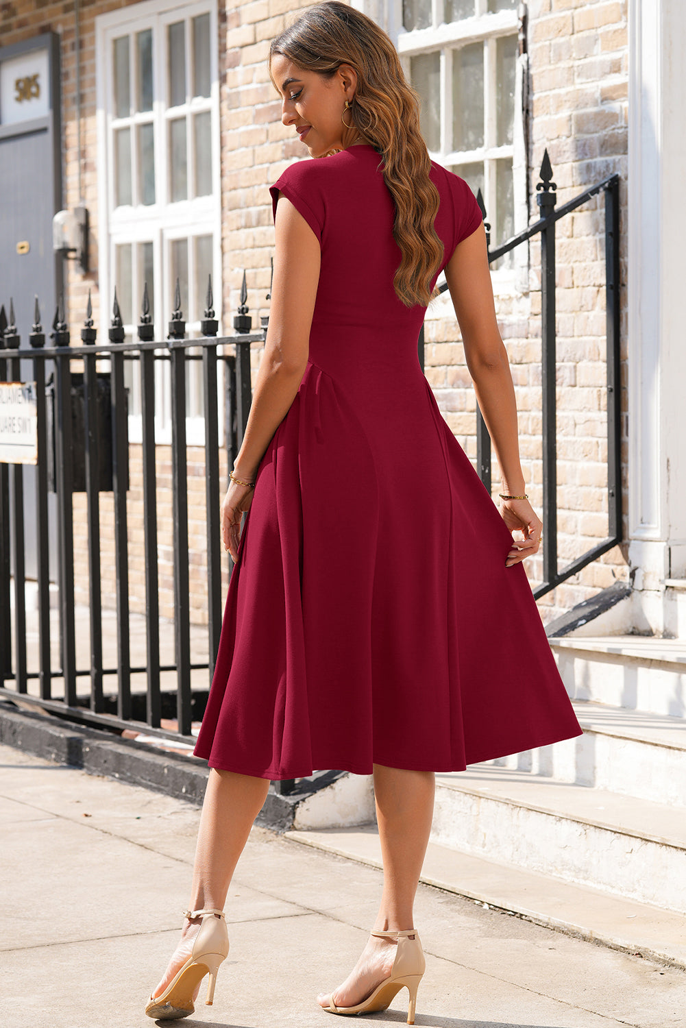 Red Dahlia Solid Color V Neck Pleated Flared Midi Dress-TOPS / DRESSES-[Adult]-[Female]-2022 Online Blue Zone Planet