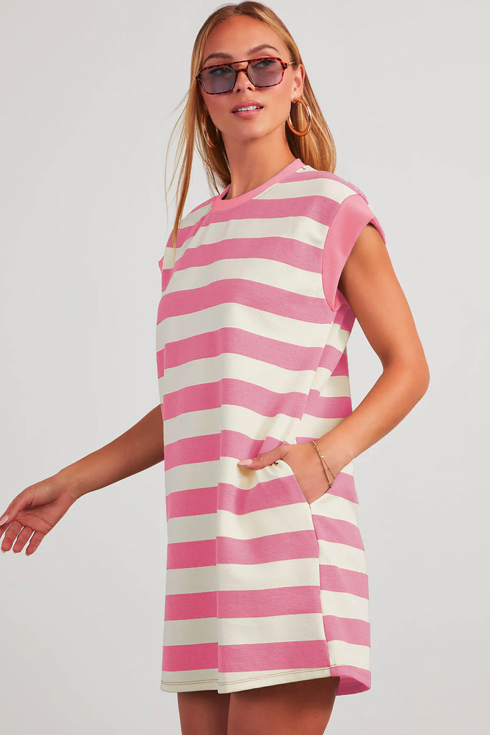 Pink Stripe Cap Sleeve Shift T Shirt Dress-TOPS / DRESSES-[Adult]-[Female]-2022 Online Blue Zone Planet
