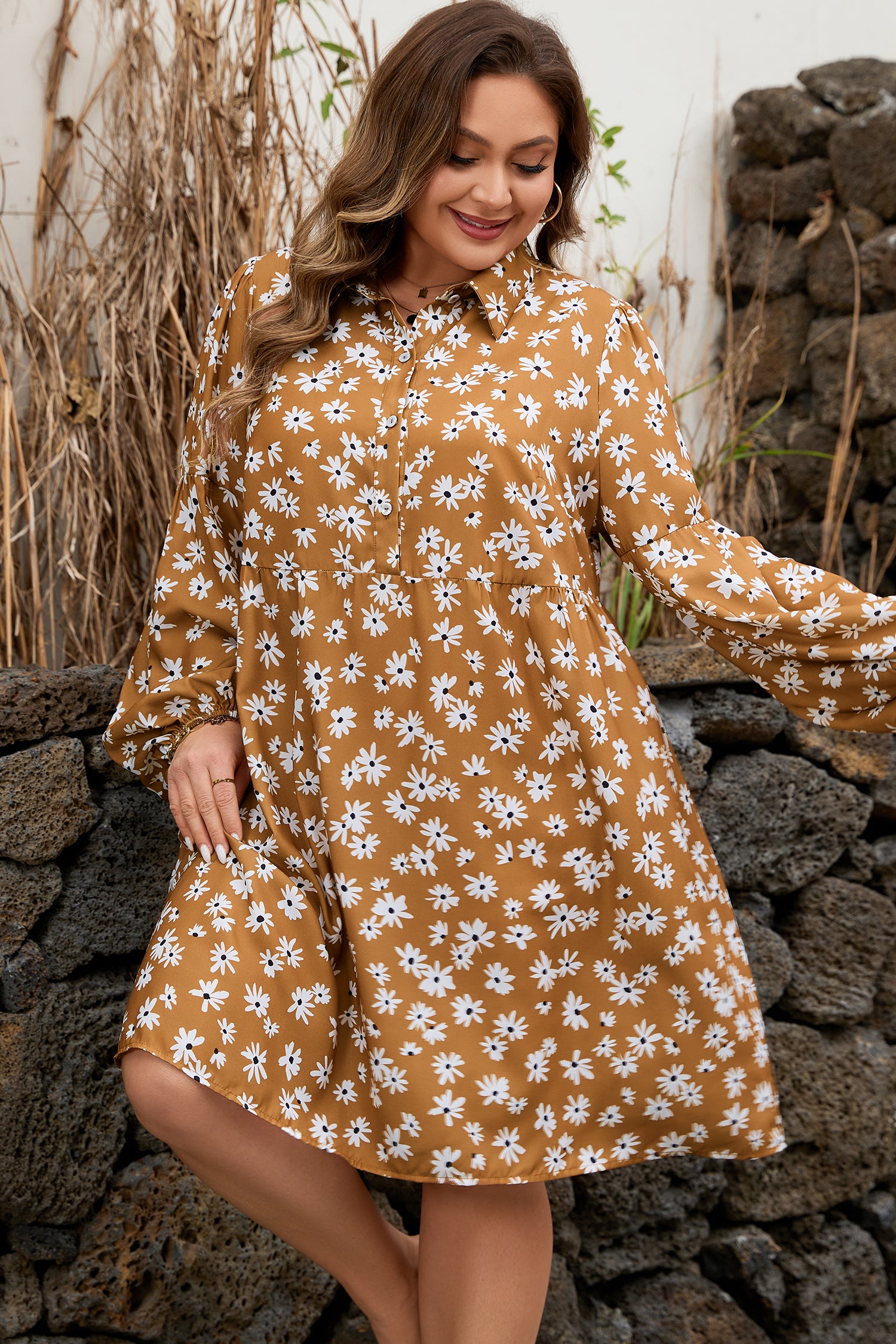 Khaki Plus Size Daisy Floral Print Button Split Neck Puff Sleeve Dress-TOPS / DRESSES-[Adult]-[Female]-2022 Online Blue Zone Planet
