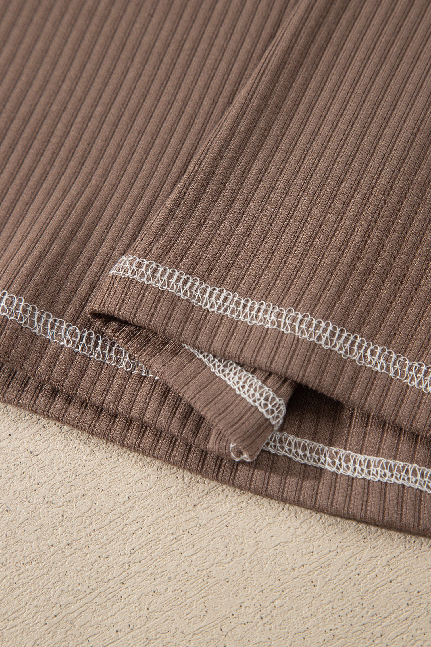 Dark Khaki V Neck Ribbed Stitched Detail Long Sleeve Top-Tops/Long Sleeve Tops-[Adult]-[Female]-2022 Online Blue Zone Planet