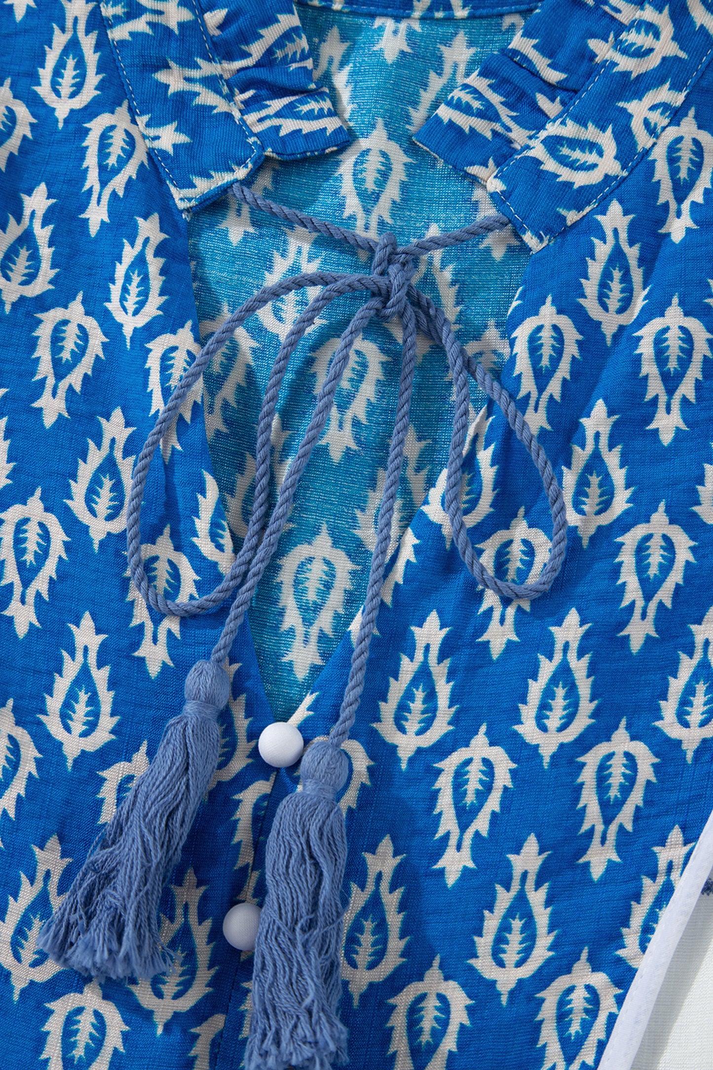 Sky Blue Boho Abstract Print Contrast Trim V Neck Tassel Tie Dress-TOPS / DRESSES-[Adult]-[Female]-2022 Online Blue Zone Planet
