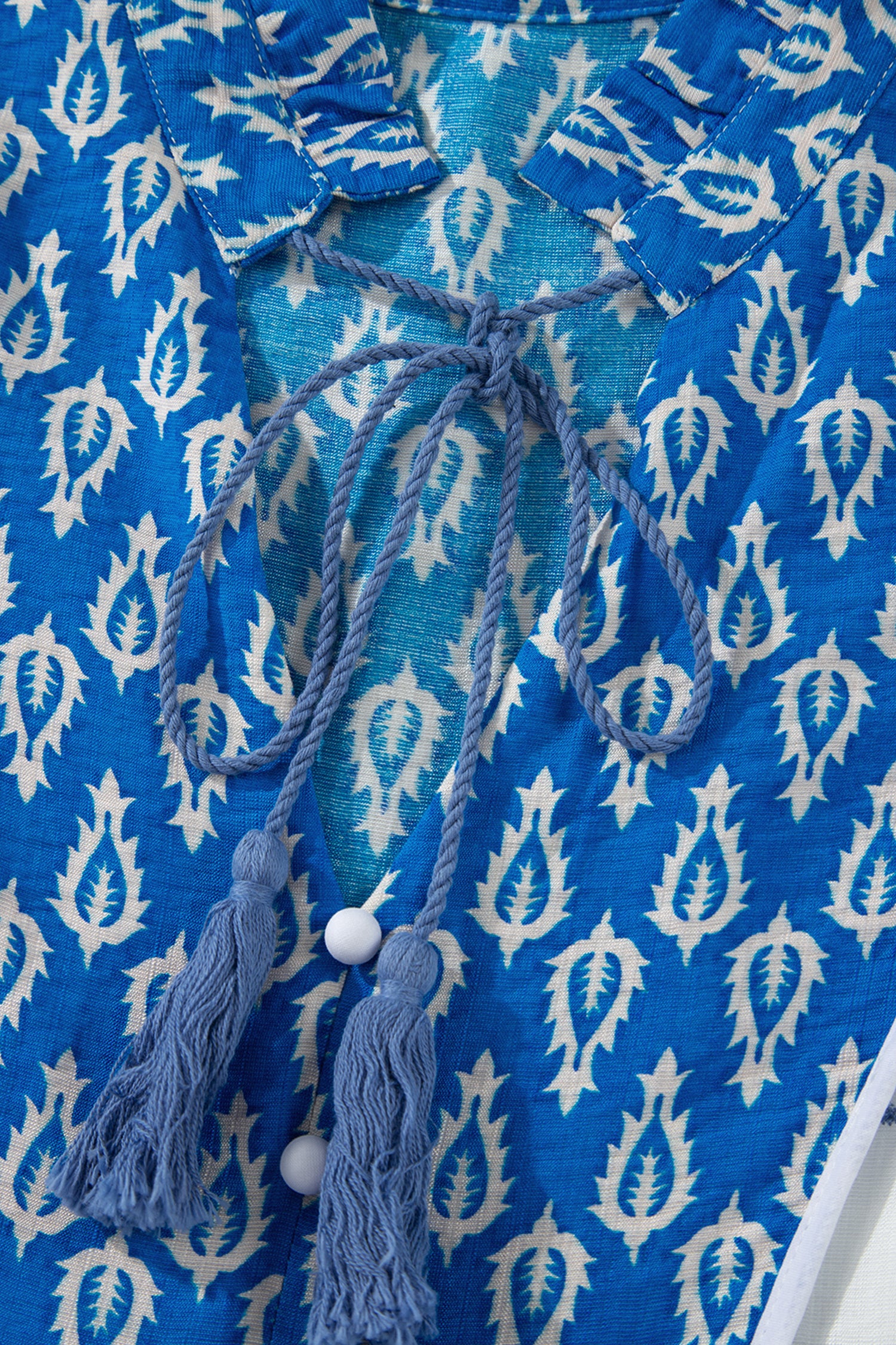 Sky Blue Boho Abstract Print Contrast Trim V Neck Tassel Tie Dress-TOPS / DRESSES-[Adult]-[Female]-2022 Online Blue Zone Planet