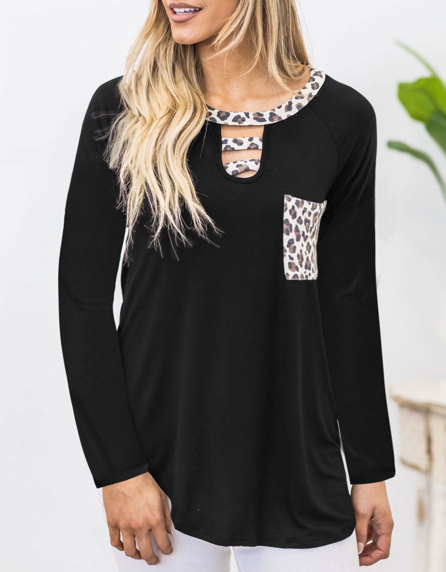 Cutout Leopard Round Neck Long Sleeve T-Shirt-TOPS / DRESSES-[Adult]-[Female]-Black-S-2022 Online Blue Zone Planet