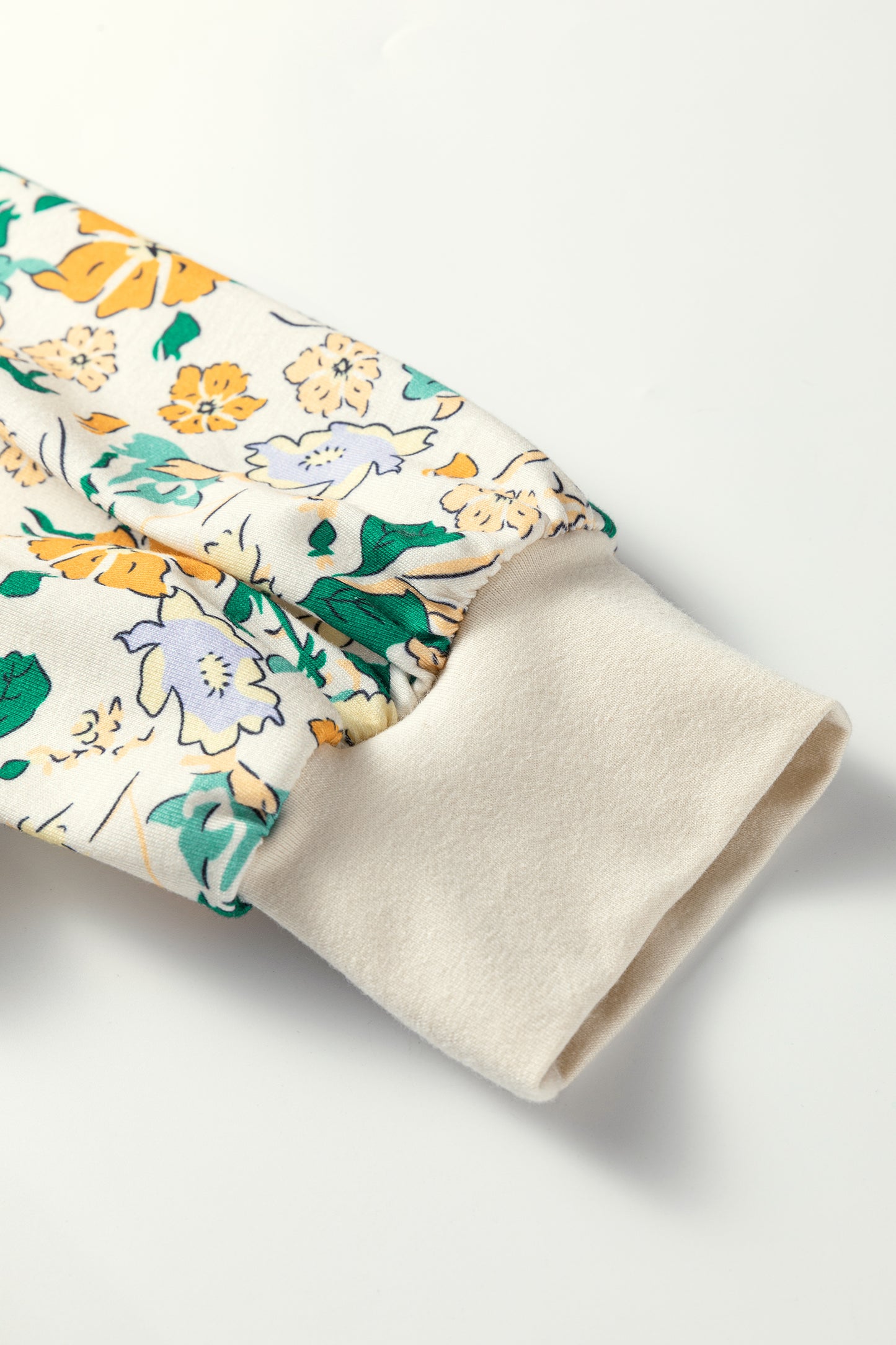 Khaki Floral Print Button Notched V Neck Long Sleeve Top-Tops/Long Sleeve Tops-[Adult]-[Female]-2022 Online Blue Zone Planet