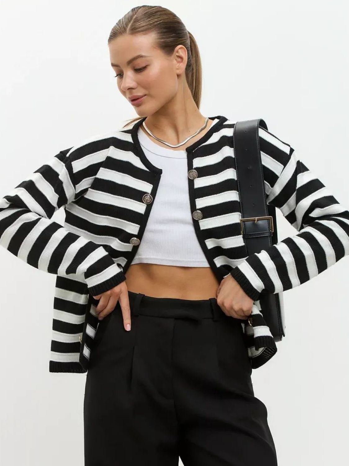 Striped Dropped Shoulder Long Sleeve Cardigan-TOPS / DRESSES-[Adult]-[Female]-Black-S-2022 Online Blue Zone Planet