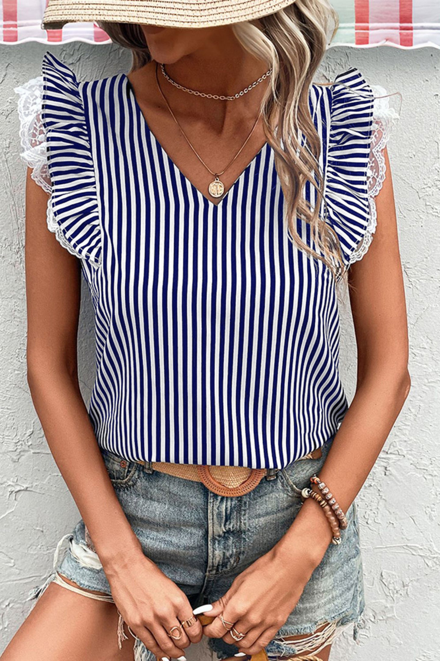 Blue Stripe V Neck Lace Contrast Ruffle Trim Tank Top-Tops/Tank Tops-[Adult]-[Female]-2022 Online Blue Zone Planet