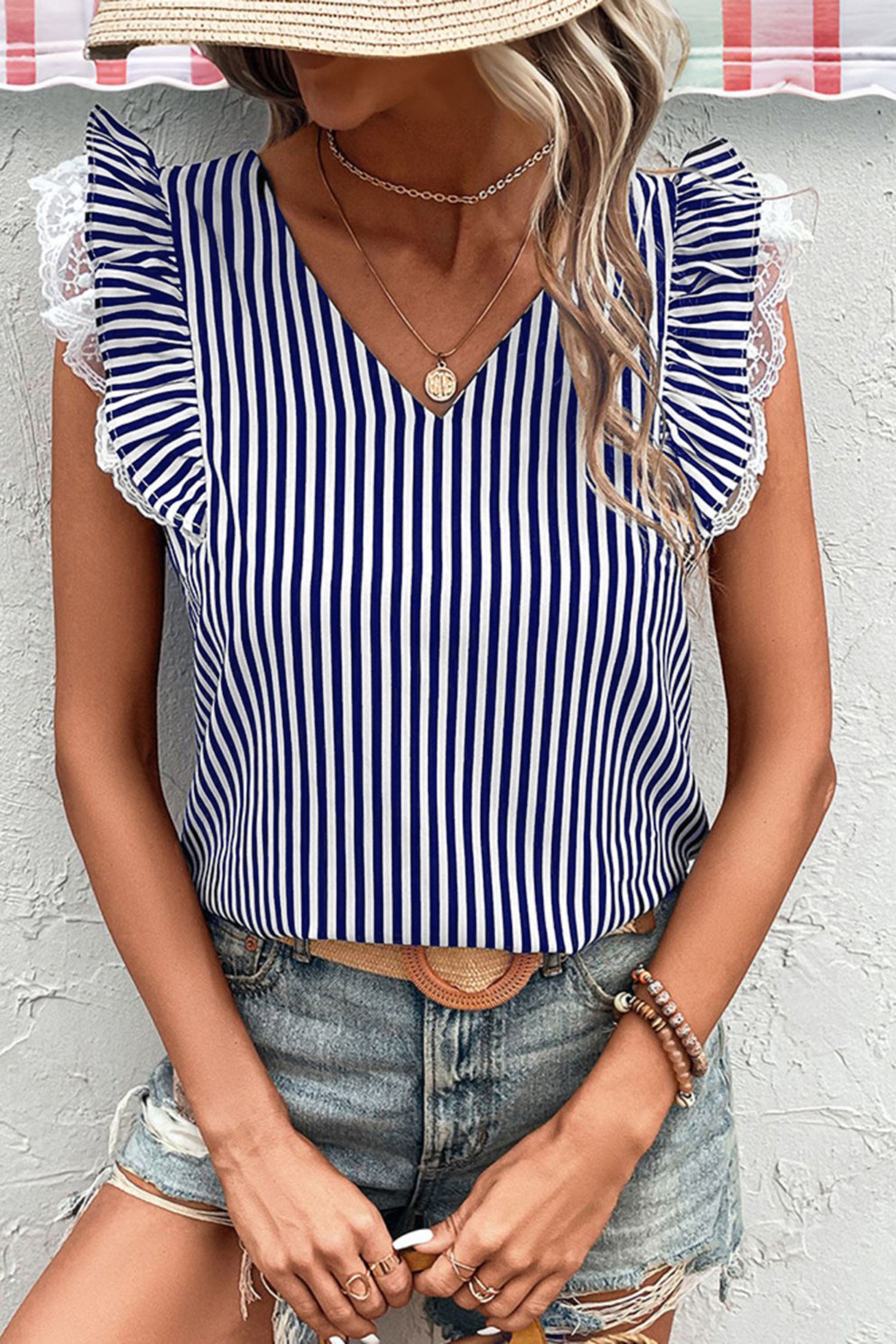 Blue Stripe V Neck Lace Contrast Ruffle Trim Tank Top-Tops/Tank Tops-[Adult]-[Female]-2022 Online Blue Zone Planet