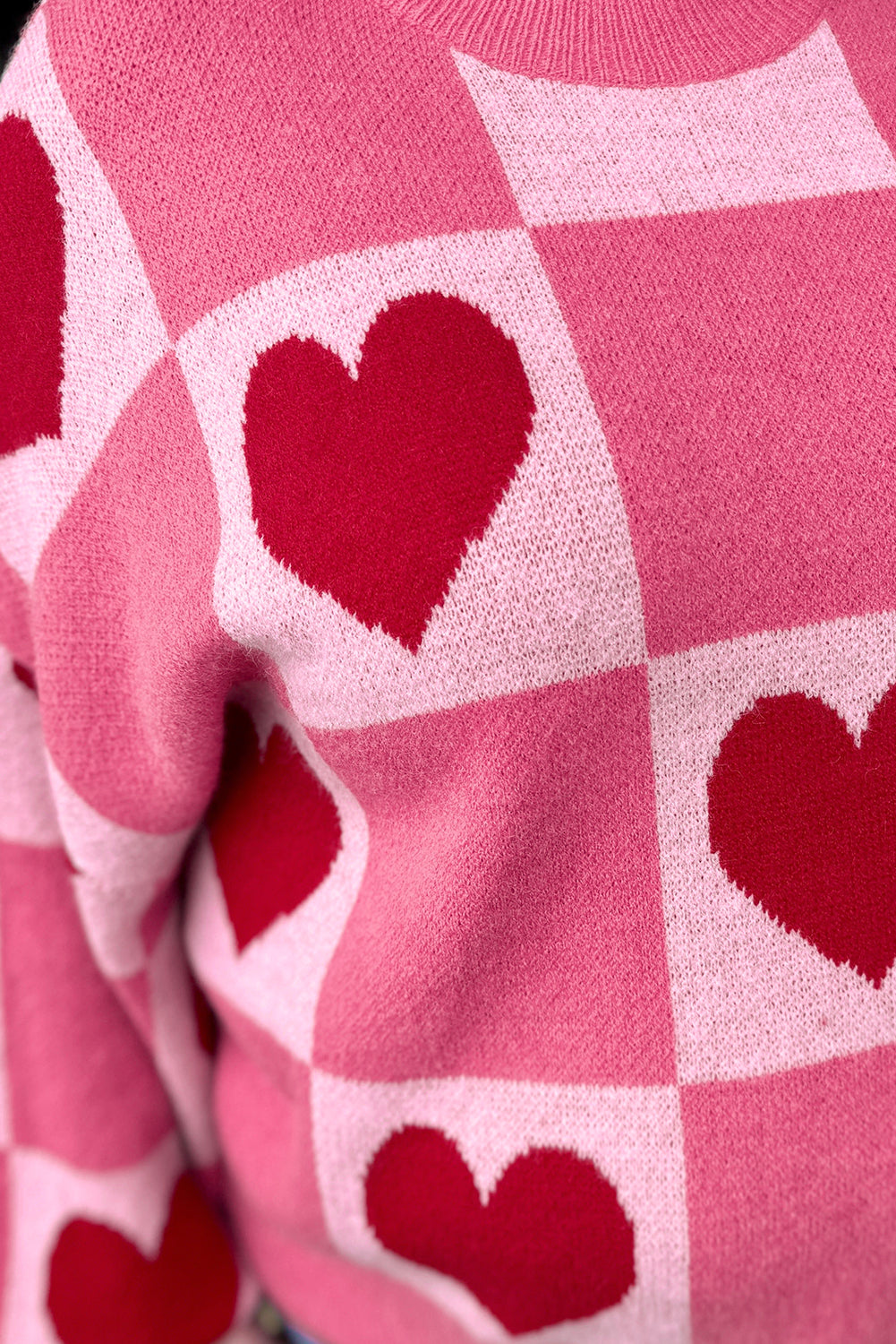 Pink Love Heart Checkered Valentine Knit Sweater-TOPS / DRESSES-[Adult]-[Female]-2022 Online Blue Zone Planet