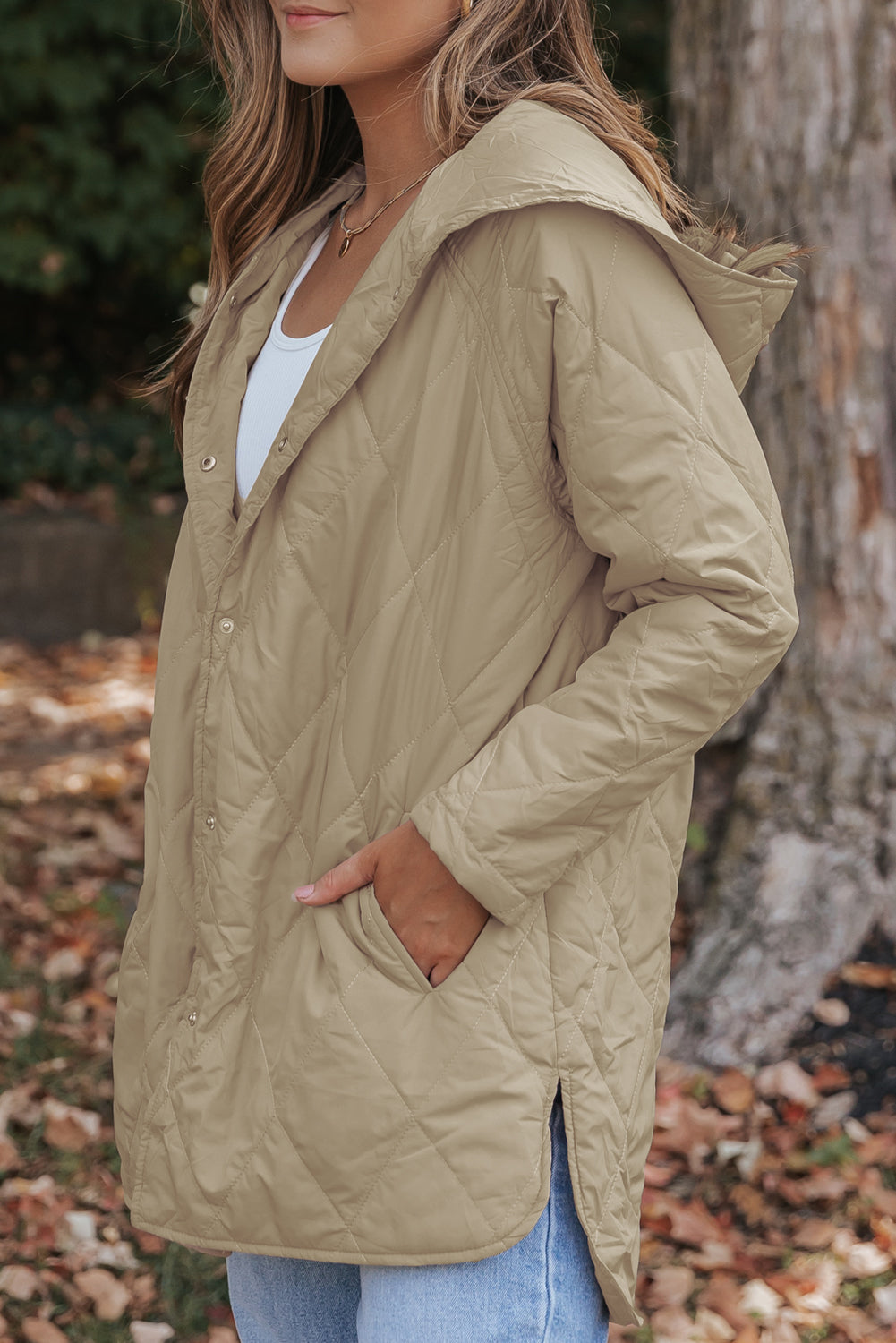 Khaki Quilted Snap Button Hooded Puffer Coat-Outerwear/Coats-[Adult]-[Female]-2022 Online Blue Zone Planet