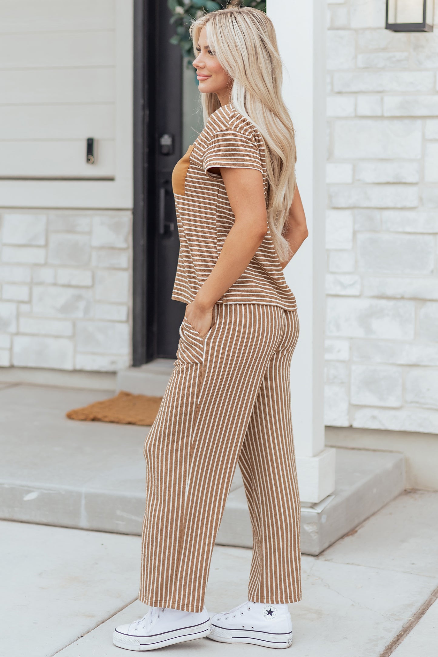 Khaki Stripe Crew Neck Tee Drawstring Waist Cropped Pants Set-Two Piece Sets/Pant Sets-[Adult]-[Female]-2022 Online Blue Zone Planet