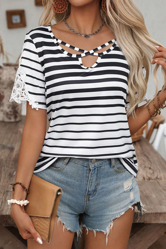 Black Stripe Cross Straps Hollowed Neck Lace Splicing Short Sleeve Blouse-Tops/Blouses & Shirts-[Adult]-[Female]-Black Stripe-S-2022 Online Blue Zone Planet