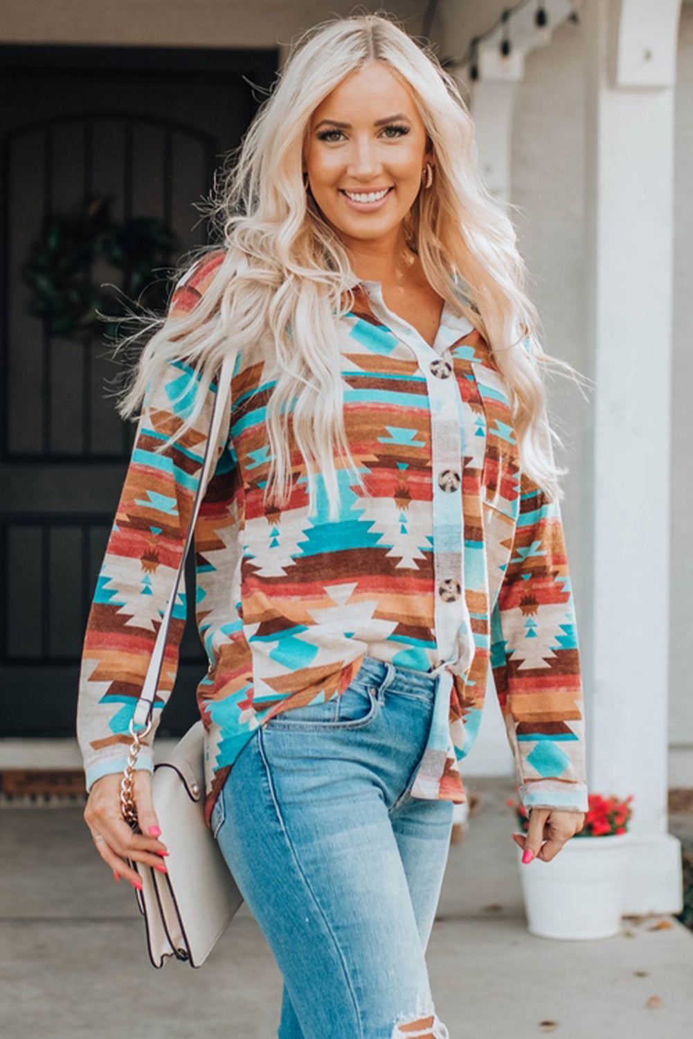 Multicolor Aztec Print Buttoned Pocket Chest Long Sleeve Shirt-Tops/Blouses & Shirts-[Adult]-[Female]-2022 Online Blue Zone Planet