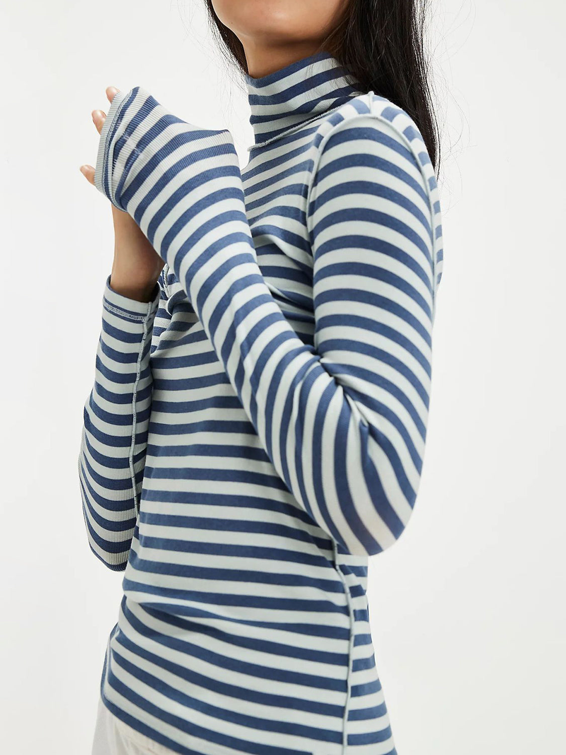 Exposed Seam Striped Turtleneck Long Sleeve T-Shirt-TOPS / DRESSES-[Adult]-[Female]-2022 Online Blue Zone Planet