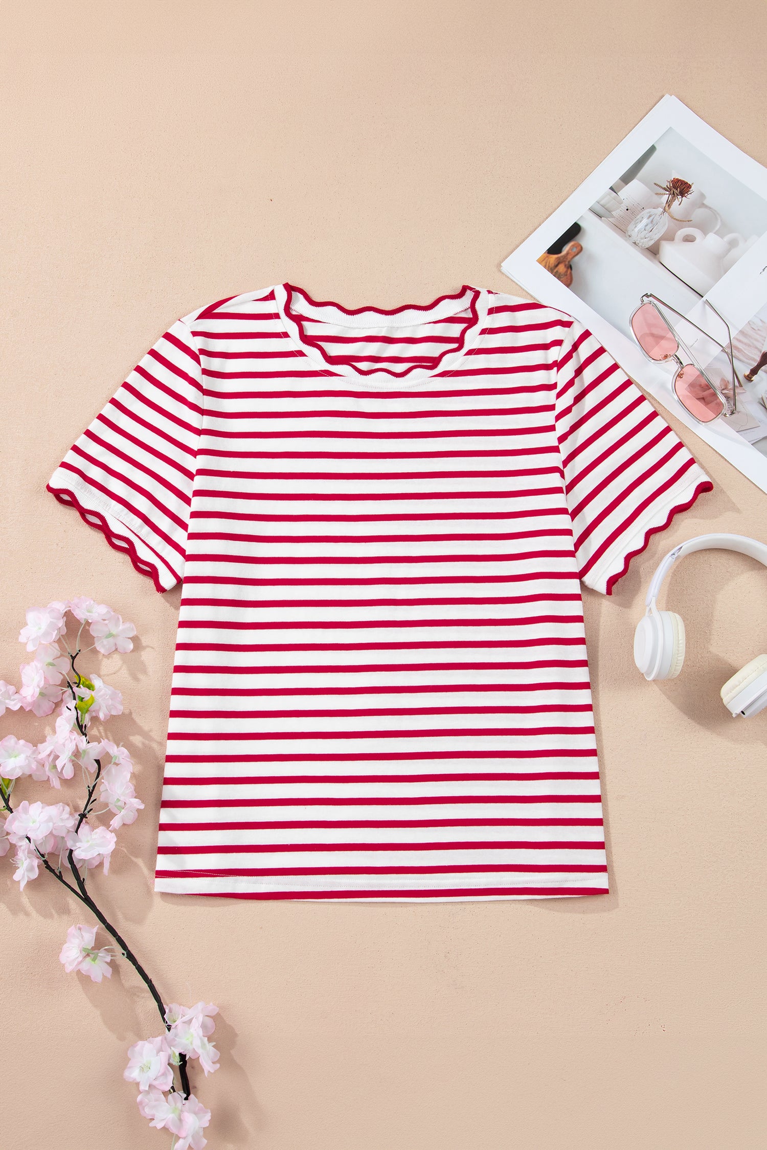Red Stripe Scalloped Trim Round Neck T Shirt-Tops/Tops & Tees-[Adult]-[Female]-2022 Online Blue Zone Planet