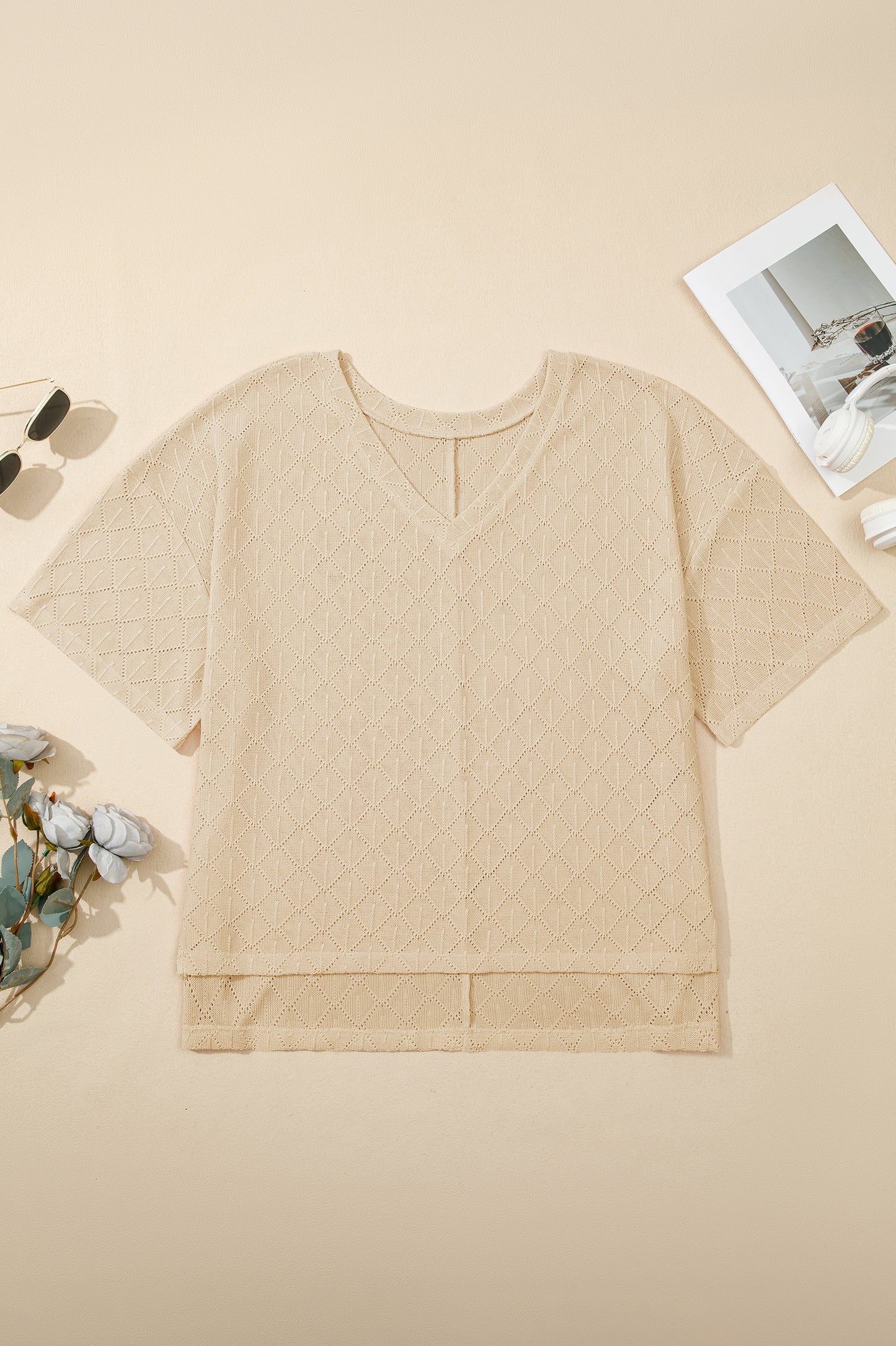 Golden Fleece Pointelle Rhombus Knit Plus Size V Neck Loose Top-Plus Size/Plus Size Tops/Plus Size Tops & Tees-[Adult]-[Female]-2022 Online Blue Zone Planet