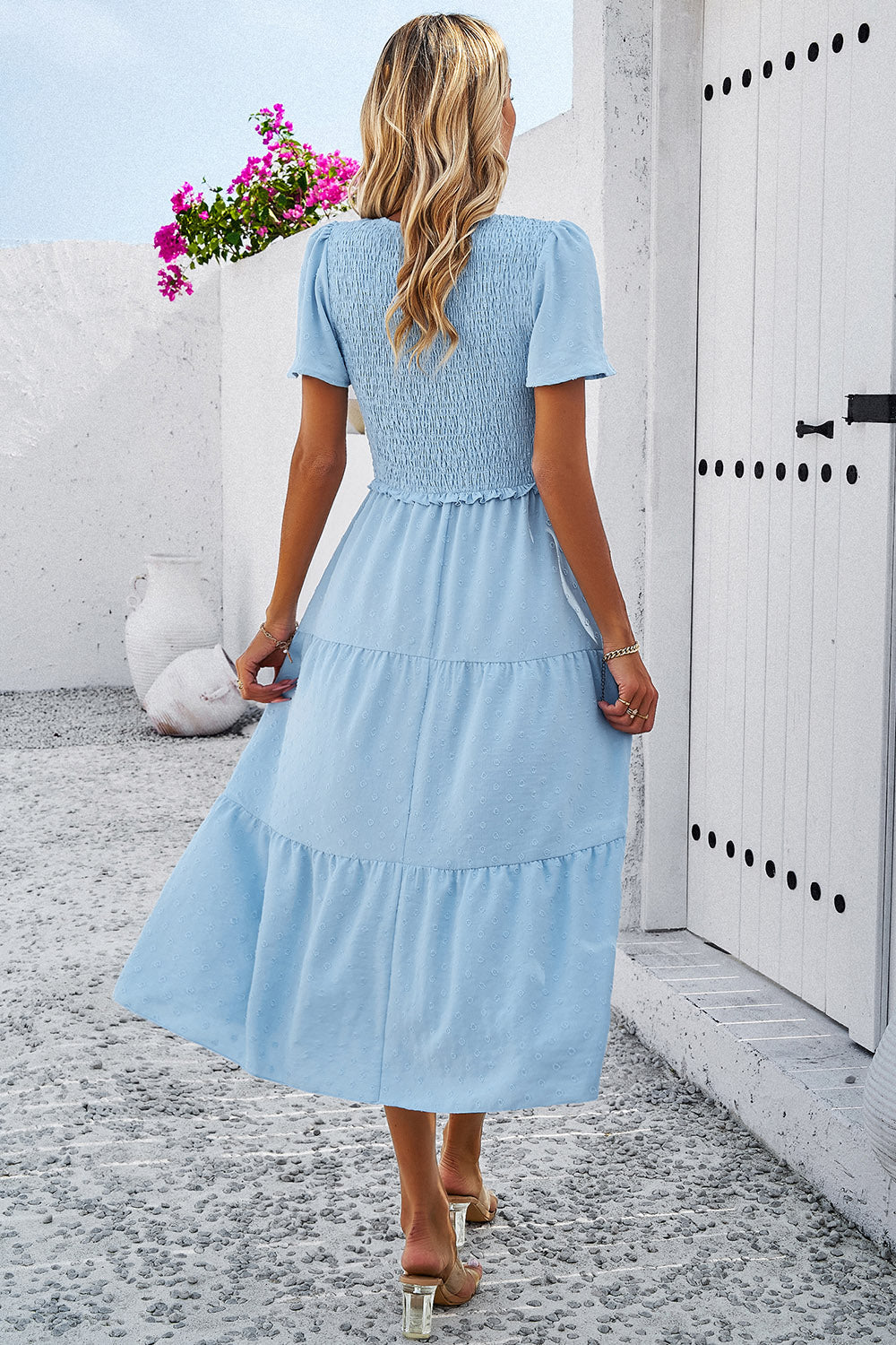 Swiss Dot Short Sleeve Smocked Dress-TOPS / DRESSES-[Adult]-[Female]-2022 Online Blue Zone Planet