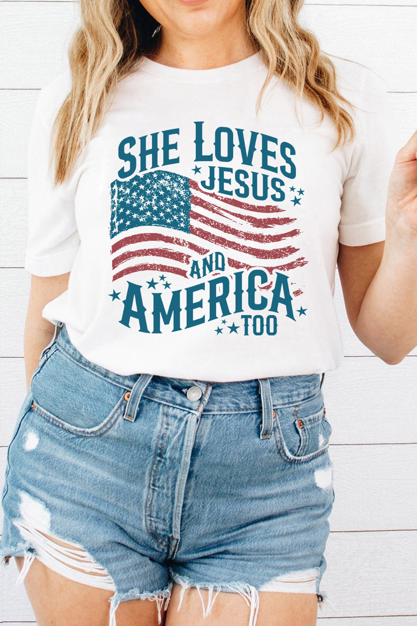 White She Loves Jesus And America Flag Graphic Tee-Graphic/Graphic Tees-[Adult]-[Female]-2022 Online Blue Zone Planet