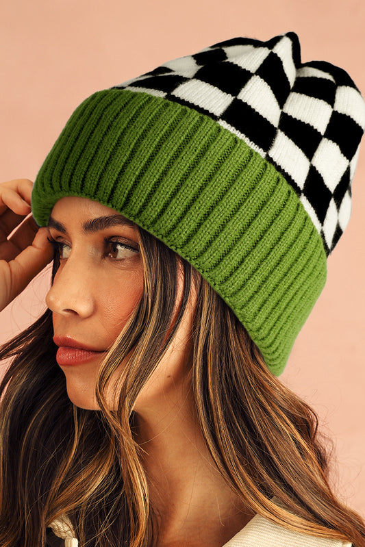 Blue Zone Planet | Spinach Green Checkered Color Block Unisex Winter Beanie Hat-BEANIES-[Adult]-[Female]-Spinach Green-ONE SIZE-2022 Online Blue Zone Planet