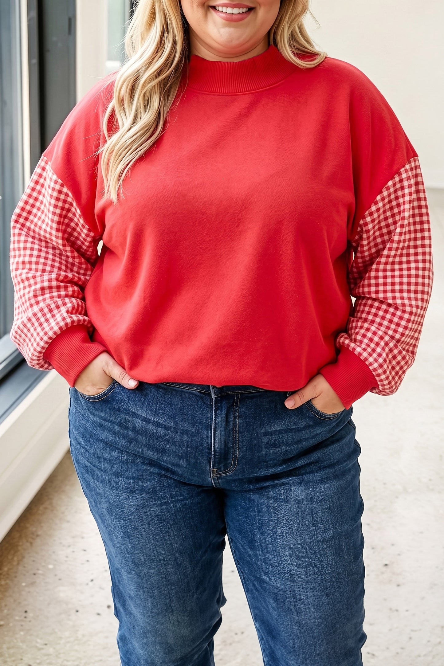 Fiery Red Patchwork Plaid Loose Fit Long Sleeve Plus Size Sweatshirt-Plus Size/Plus Size Sweatshirts & Hoodies-[Adult]-[Female]-Fiery Red-1X-2022 Online Blue Zone Planet
