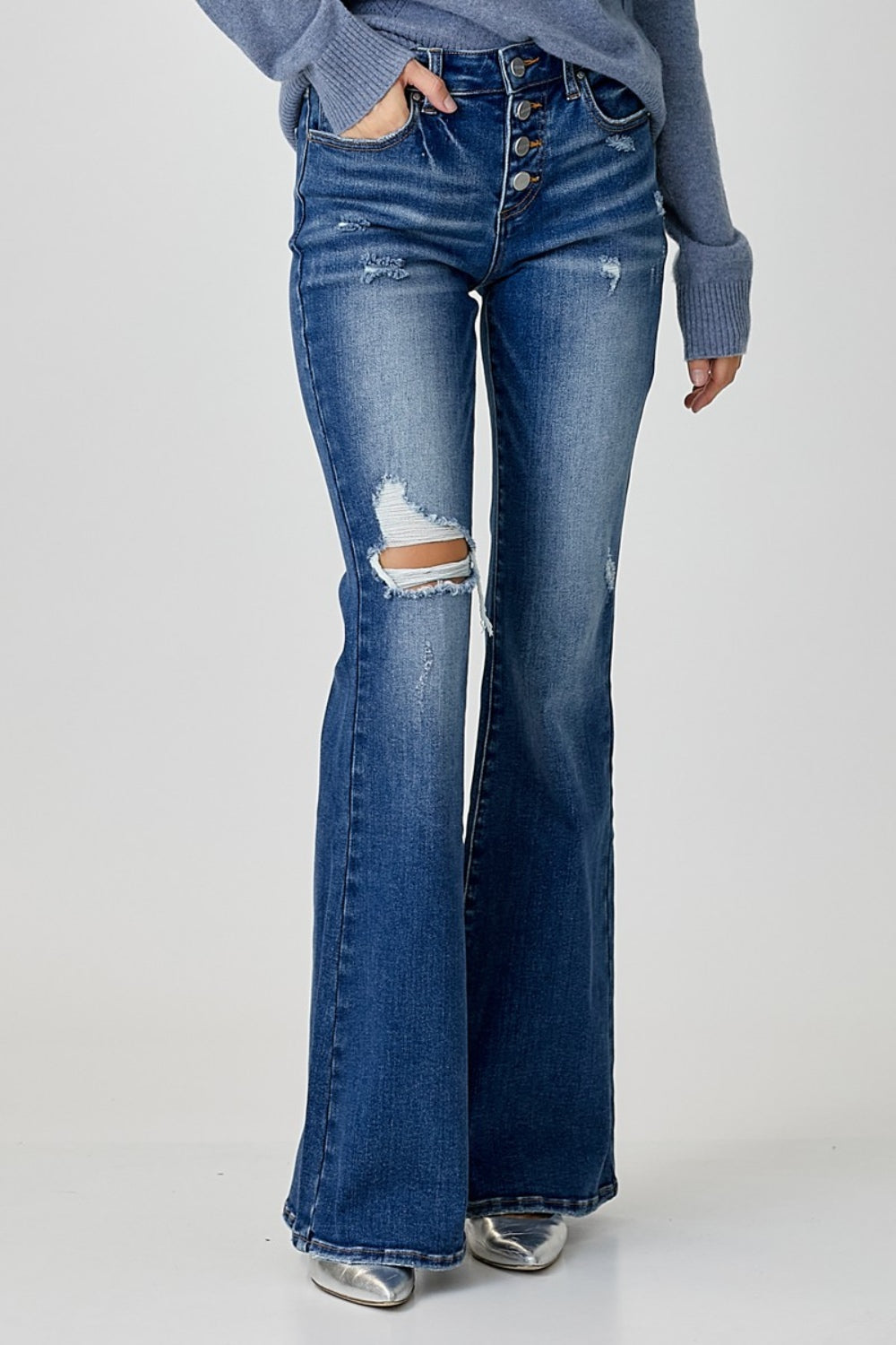 RISEN Distressed Button-Fly Flare Jeans-BOTTOMS SIZES SMALL MEDIUM LARGE-[Adult]-[Female]-2022 Online Blue Zone Planet