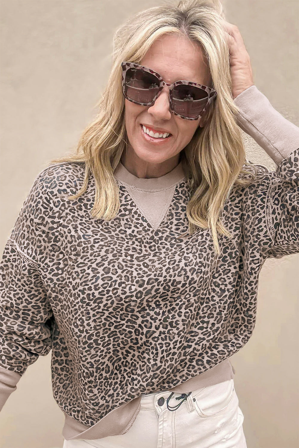 Pink Leopard Print Patchwork Crew Neck Sweatshirt-Tops/Sweatshirts & Hoodies-[Adult]-[Female]-2022 Online Blue Zone Planet