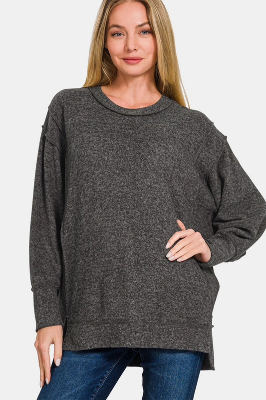 Zenana Full Size High-Low Round Neck Long Sleeve Sweater-TOPS / DRESSES-[Adult]-[Female]-Black-S/M-2022 Online Blue Zone Planet