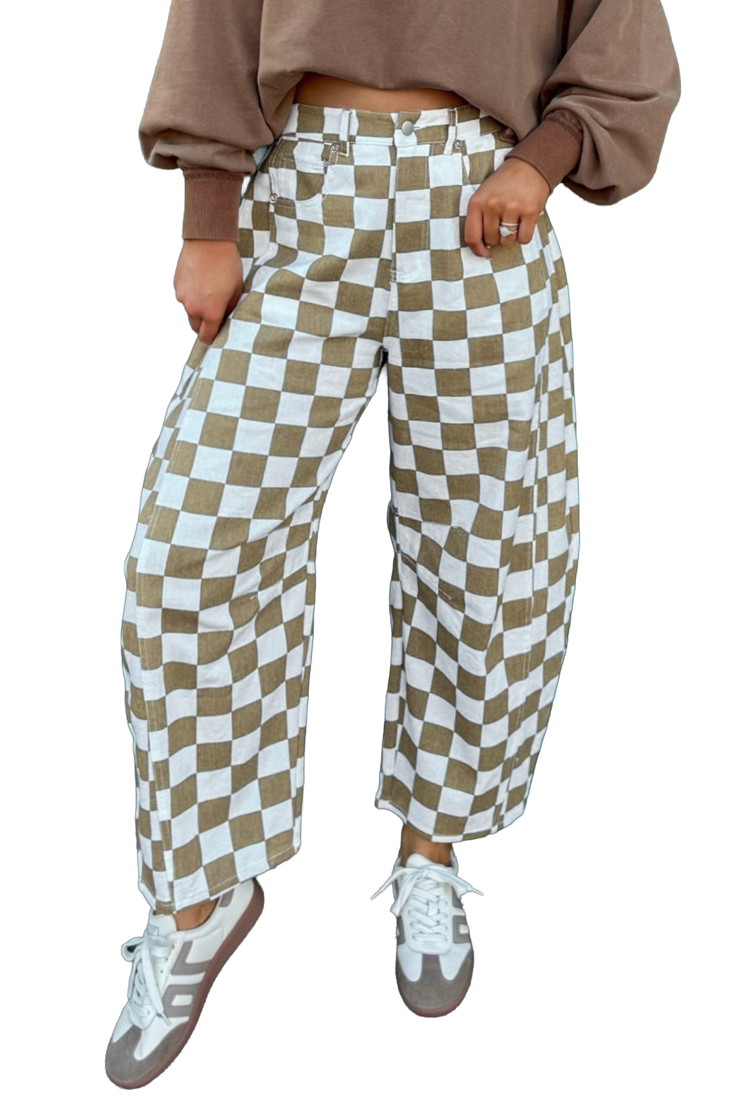 White Checkered Print Denim Barrel Pants-Bottoms/Pants & Culotte-[Adult]-[Female]-2022 Online Blue Zone Planet
