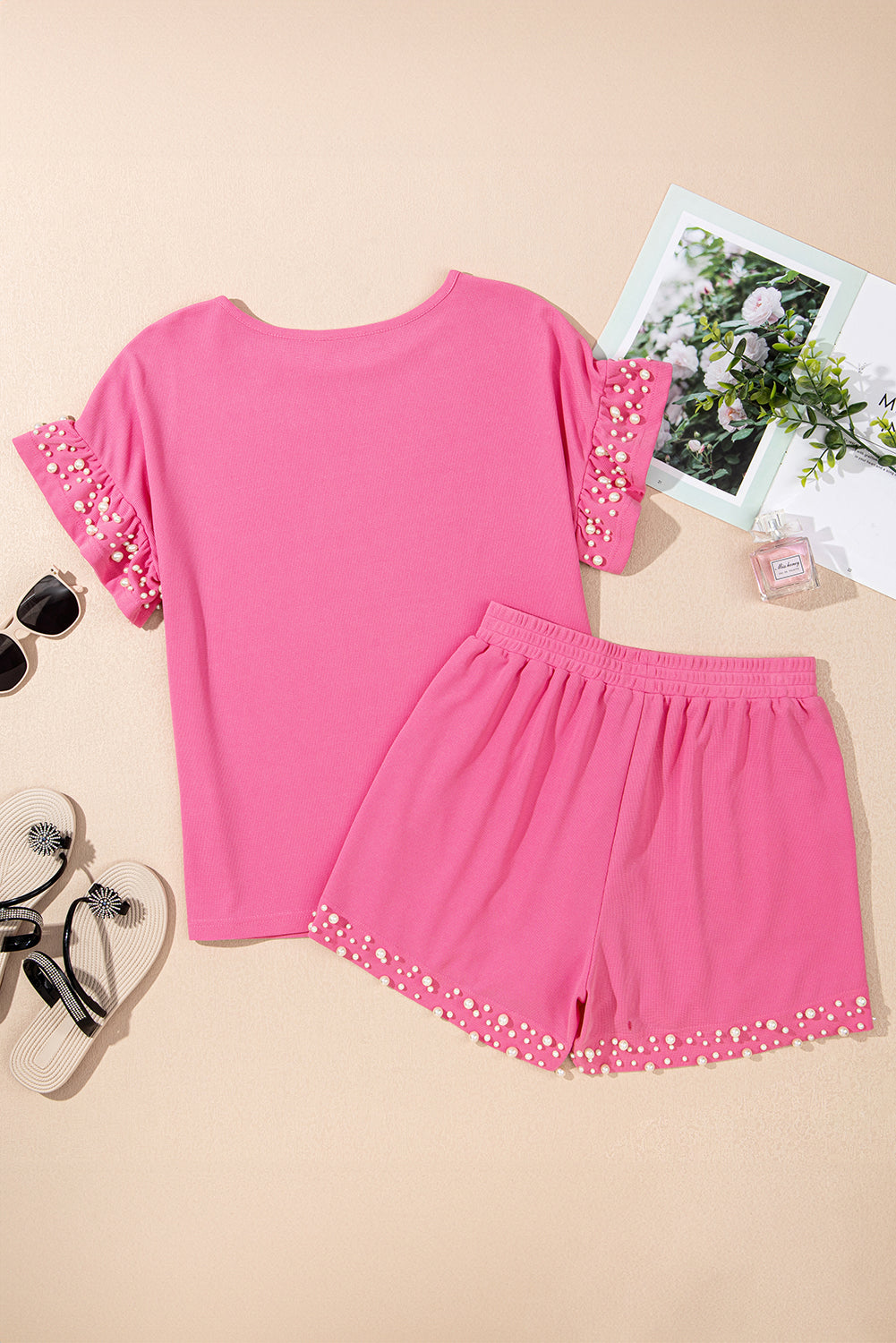 Bright Pink Textured Pearled Ruffle Sleeve Top 2 Piece Shorts Set-Two Piece Sets/Short Sets-[Adult]-[Female]-2022 Online Blue Zone Planet