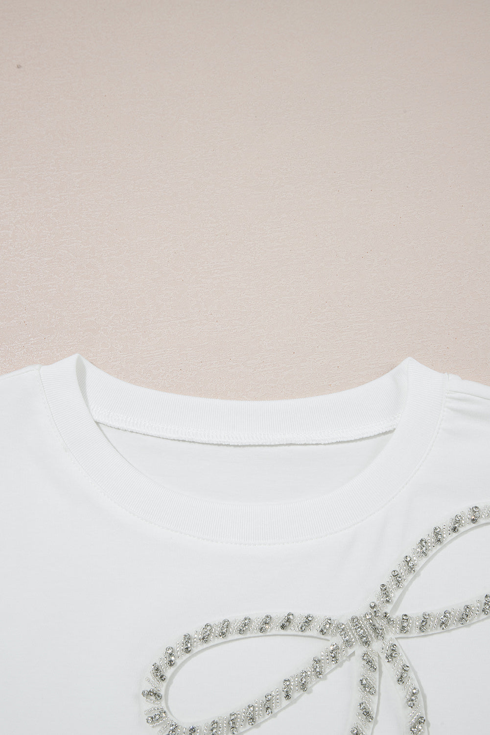 White Rhinestone Bow Embellished Round Neck Tee-Tops/Tops & Tees-[Adult]-[Female]-2022 Online Blue Zone Planet