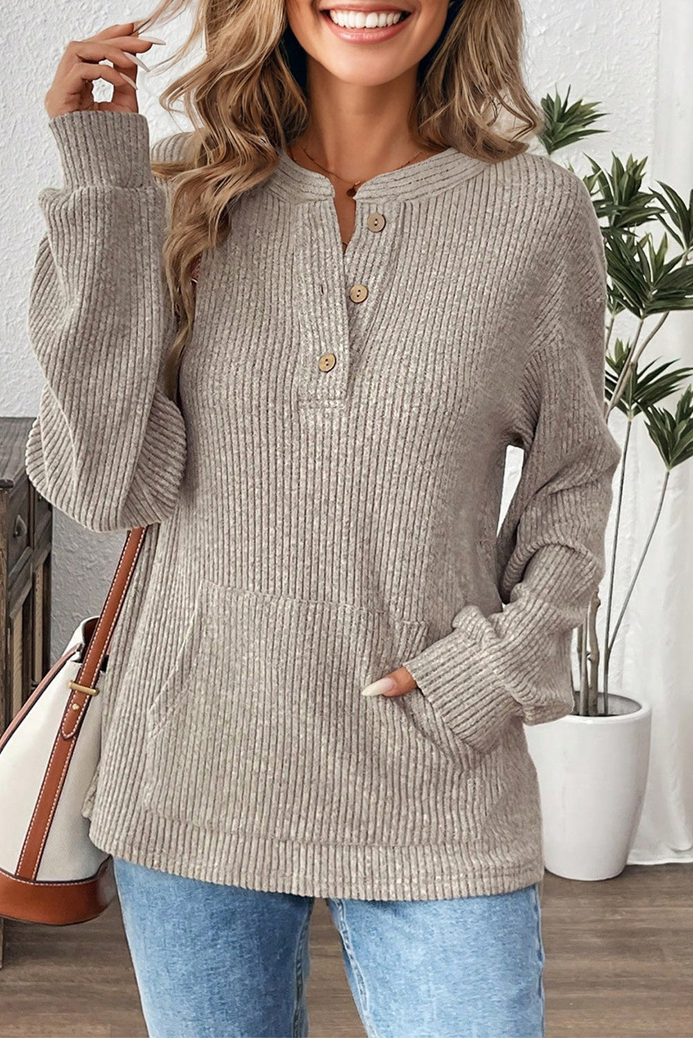 Simply Taupe Ribbed Texture Drop Shoulder Henley Knit Top-Tops/Long Sleeve Tops-[Adult]-[Female]-2022 Online Blue Zone Planet