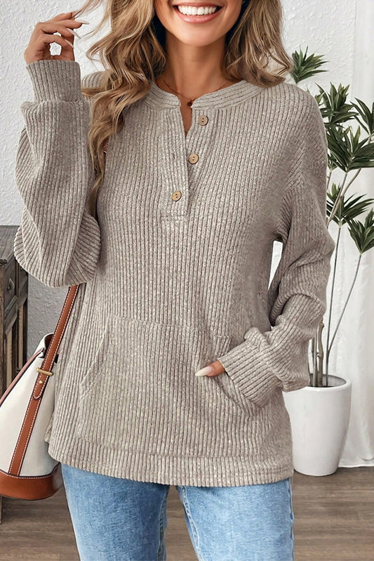 Simply Taupe Ribbed Texture Drop Shoulder Henley Knit Top-Tops/Long Sleeve Tops-[Adult]-[Female]-2022 Online Blue Zone Planet