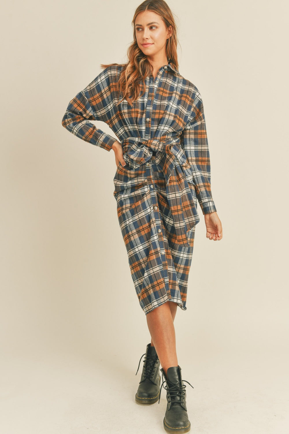 Blue Zone Planet | Mable Plaid Flannel Front Tie Button Down Shirt Dress-TOPS / DRESSES-[Adult]-[Female]-2022 Online Blue Zone Planet