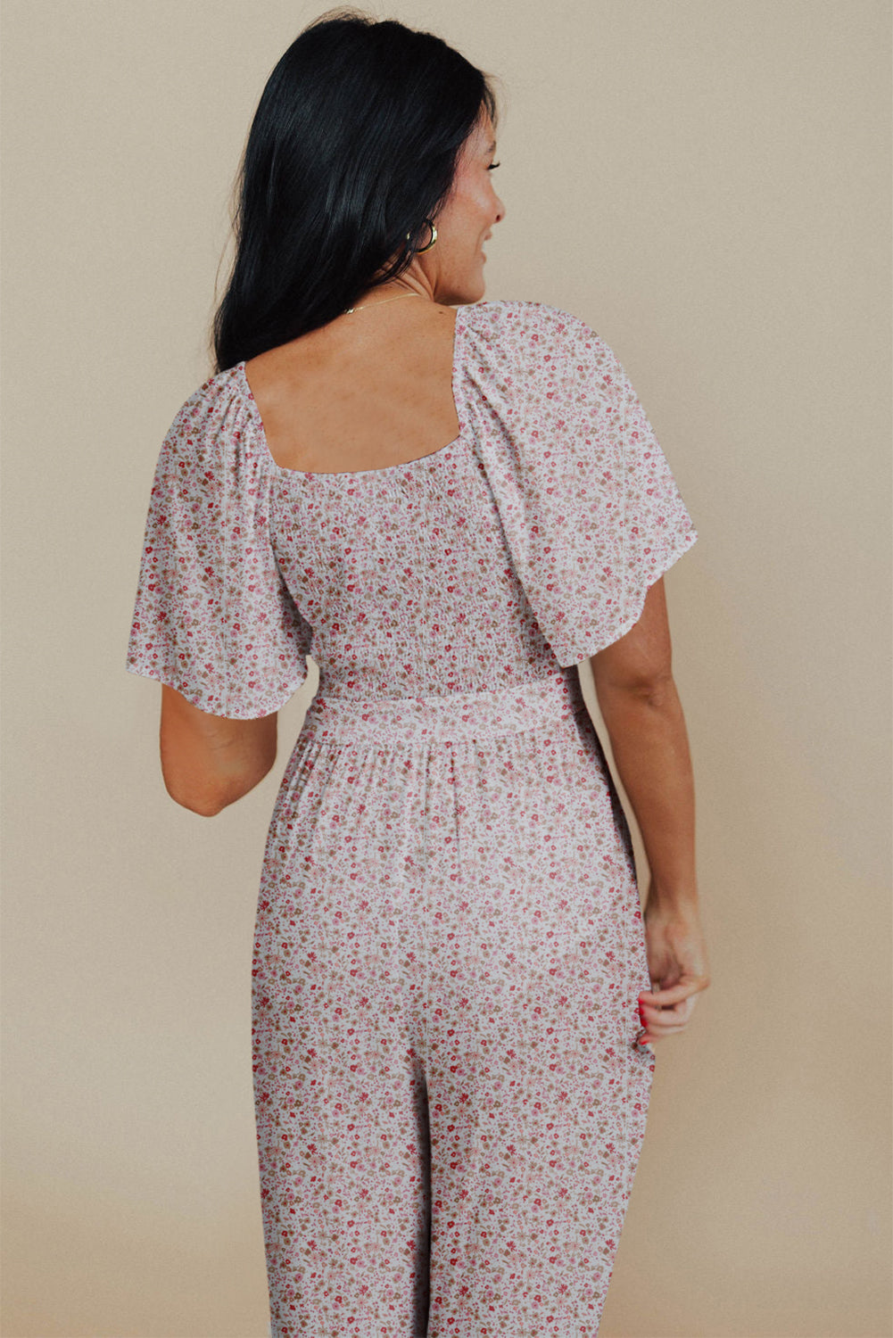 White Smocked Short Sleeve Wide Leg Floral Print Jumpsuit-Bottoms/Jumpsuits & Rompers-[Adult]-[Female]-2022 Online Blue Zone Planet