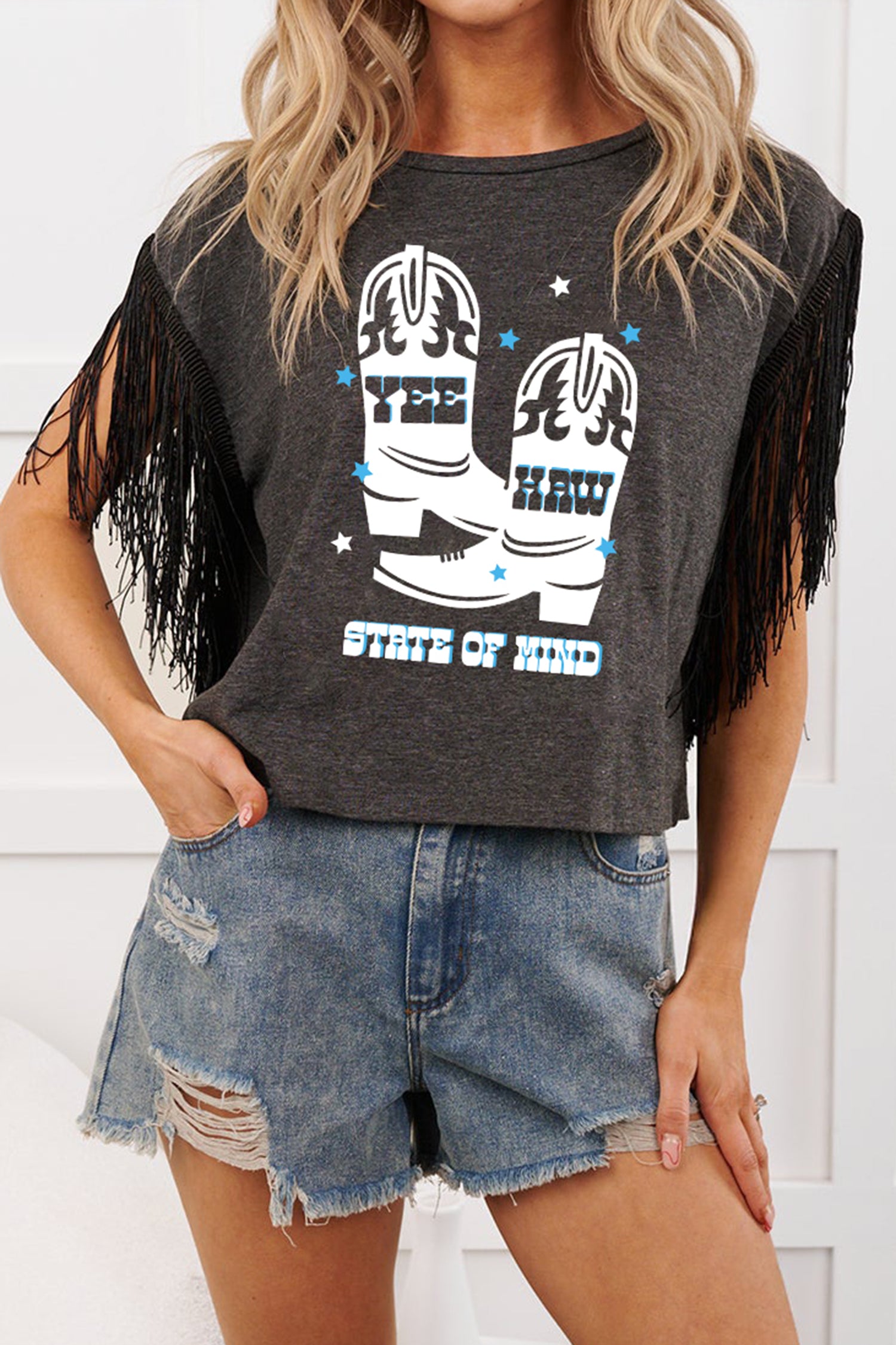 Carbon Grey Yee Haw Boots State Of Mind Fringed Sleeve Tee-Tops/Tops & Tees-[Adult]-[Female]-2022 Online Blue Zone Planet