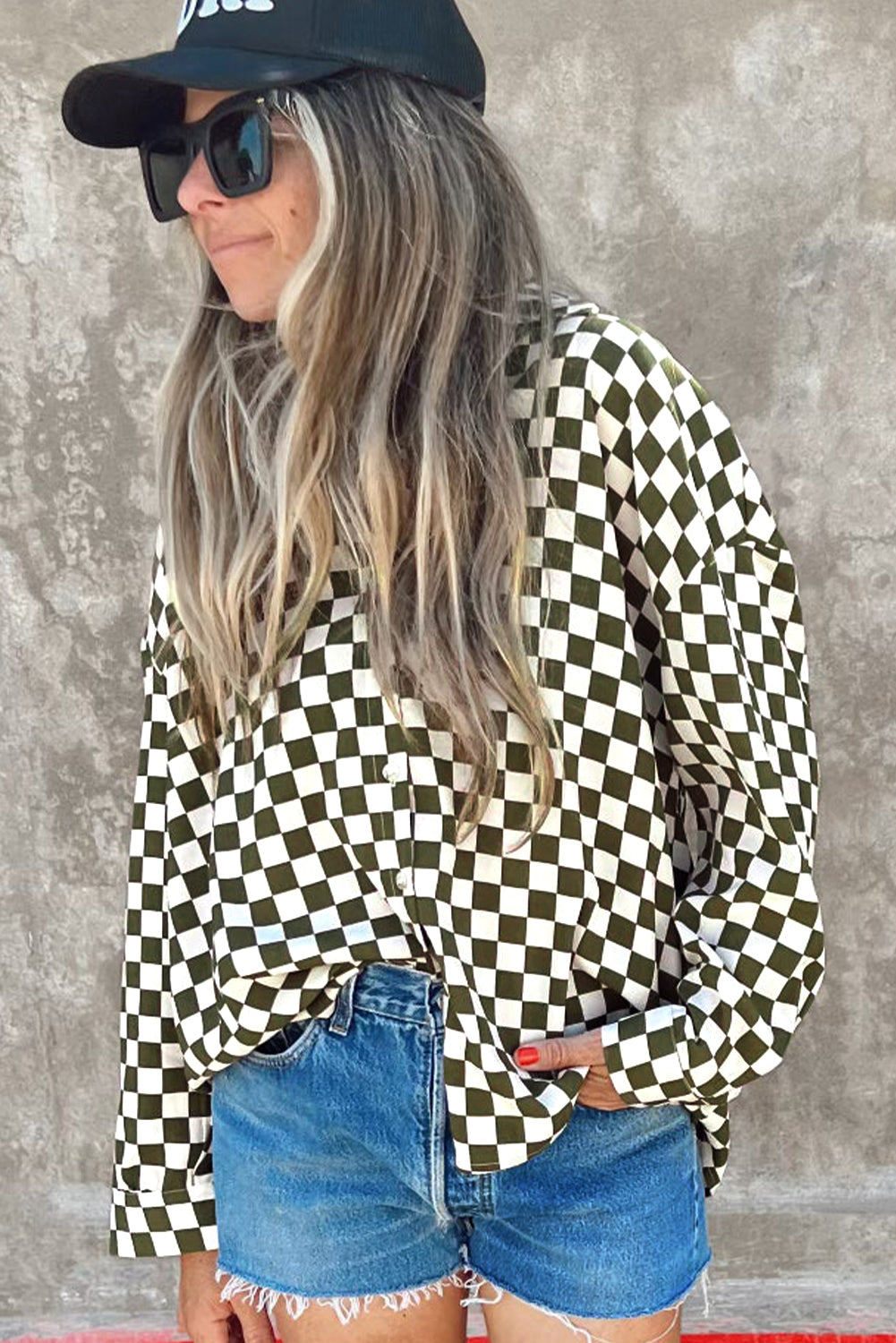 Green Checkerboard Printed Drop Shoulder Loose Casual Shirt-Tops/Blouses & Shirts-[Adult]-[Female]-2022 Online Blue Zone Planet