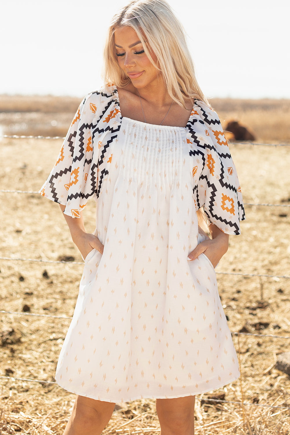 Blue Zone Planet | Beige Western Aztec Print Pleated Square Neck Loose Mini Dress-TOPS / DRESSES-[Adult]-[Female]-2022 Online Blue Zone Planet