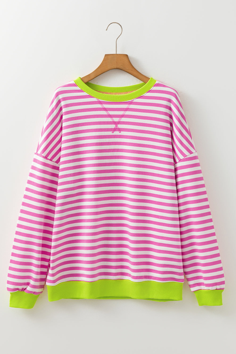Rose Red Striped Contrast Ribbed Trim Crossed Stitch Drop Shoulder Sweatshirt-Tops/Sweatshirts & Hoodies-[Adult]-[Female]-2022 Online Blue Zone Planet