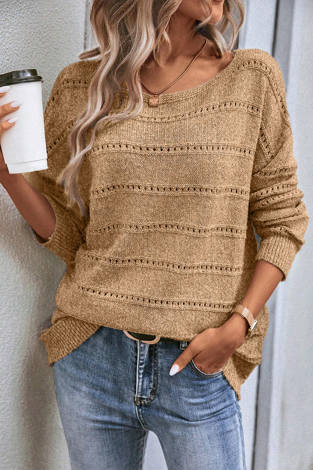 Blue Zone Planet | Pale Khaki Boat Neck Drop Shoulder Pointelle Knit Sweater-TOPS / DRESSES-[Adult]-[Female]-2022 Online Blue Zone Planet